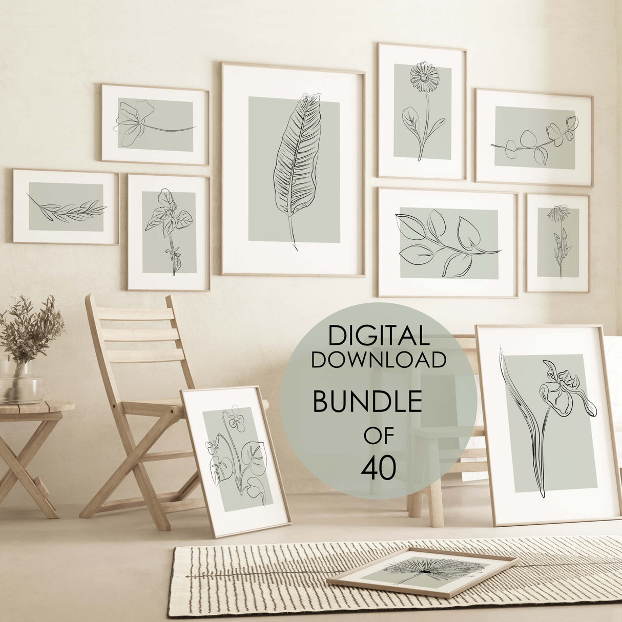 Abstract flower line art print bundle with sage green background for neutral home decor, abstract home decor, modern home decor, scandinavian home decor.