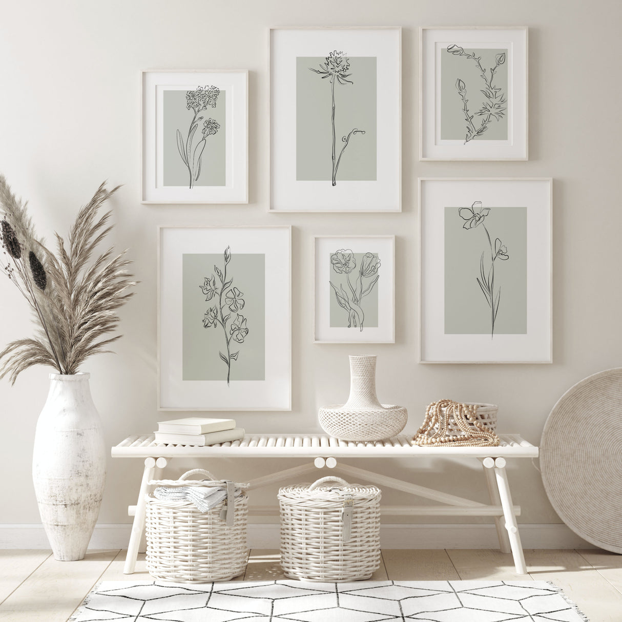 Abstract flower line art print with sage green background for neutral home decor, abstract home decor, modern home decor, scandinavian home decor.