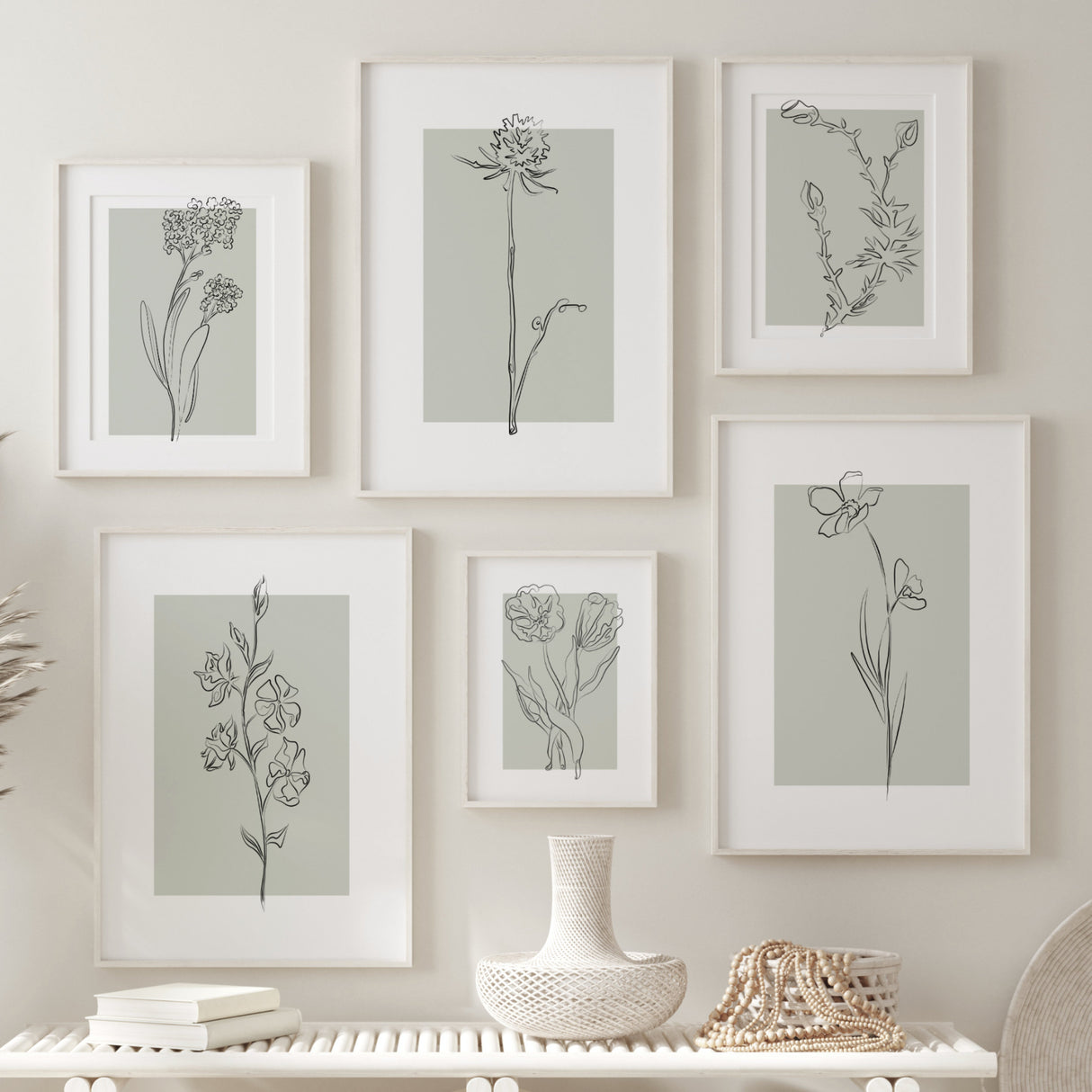 Abstract flower line art printable with sage green background for neutral home decor, abstract home decor, modern home decor, scandinavian home decor.