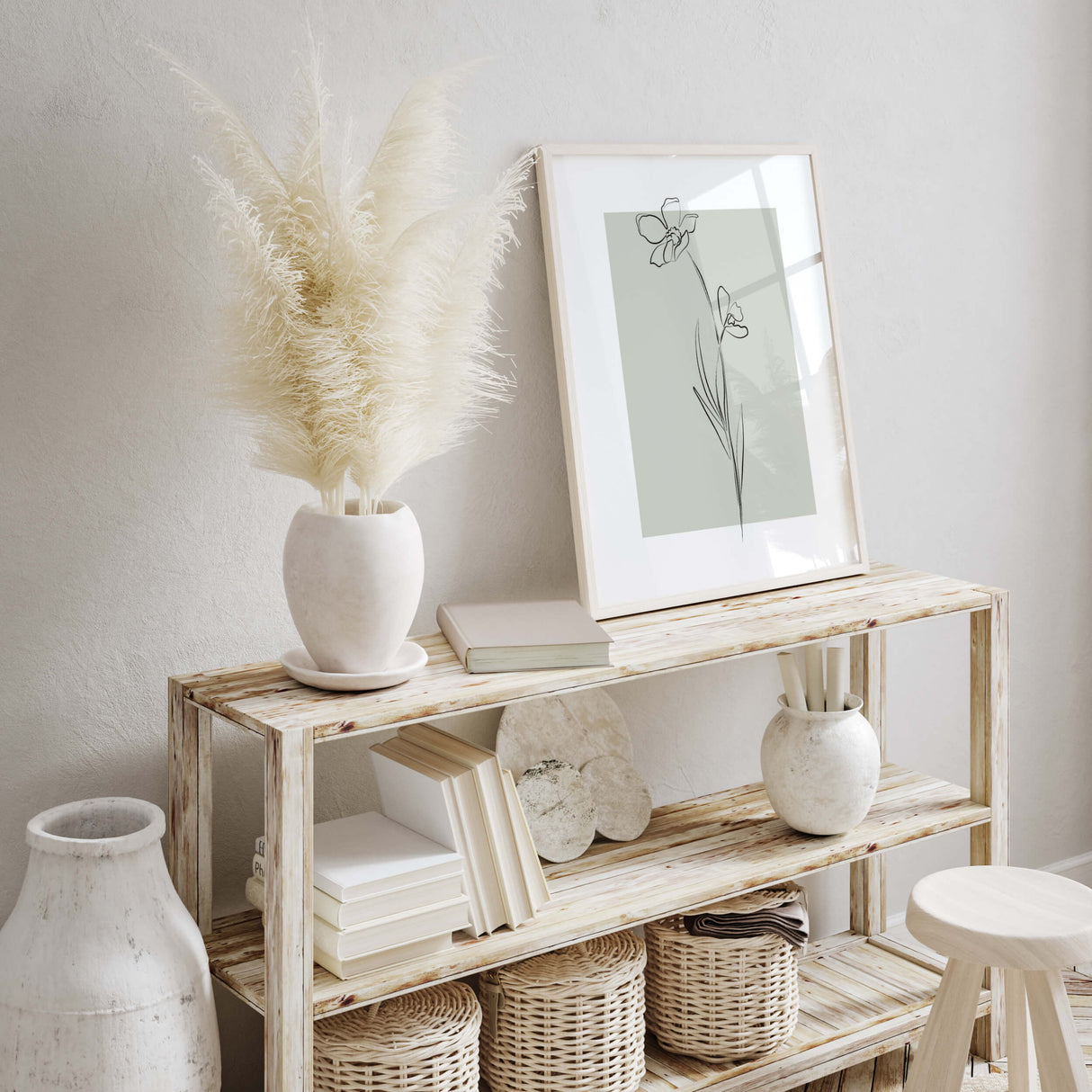 Abstract Flower Line Art Prints with Sage Green Background - Set of 6