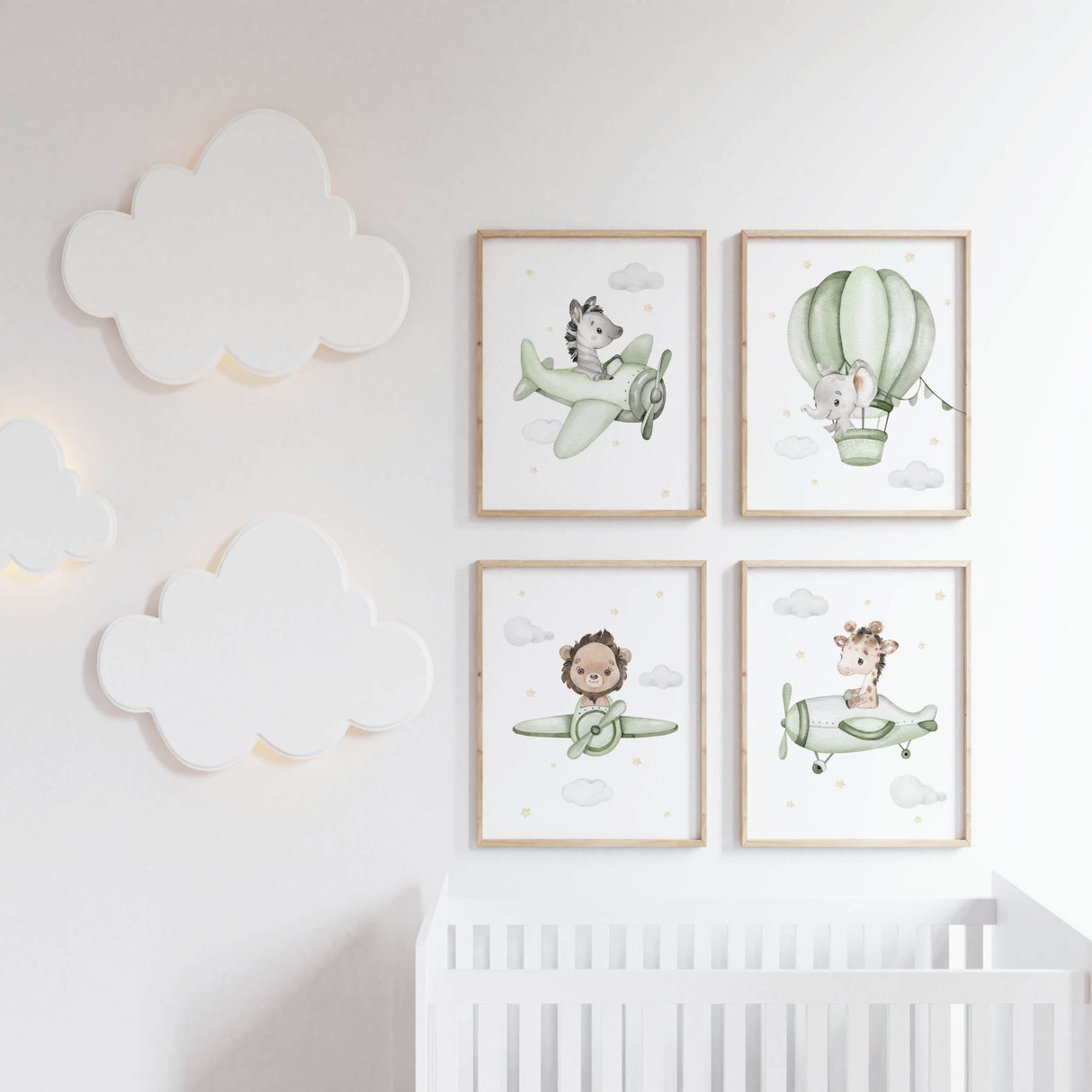 Set of 4 watercolor safari animals with sage green airplane, hot air balloon, car, train print for toddler and baby boys room decor in sage green, gray and yellow colors.