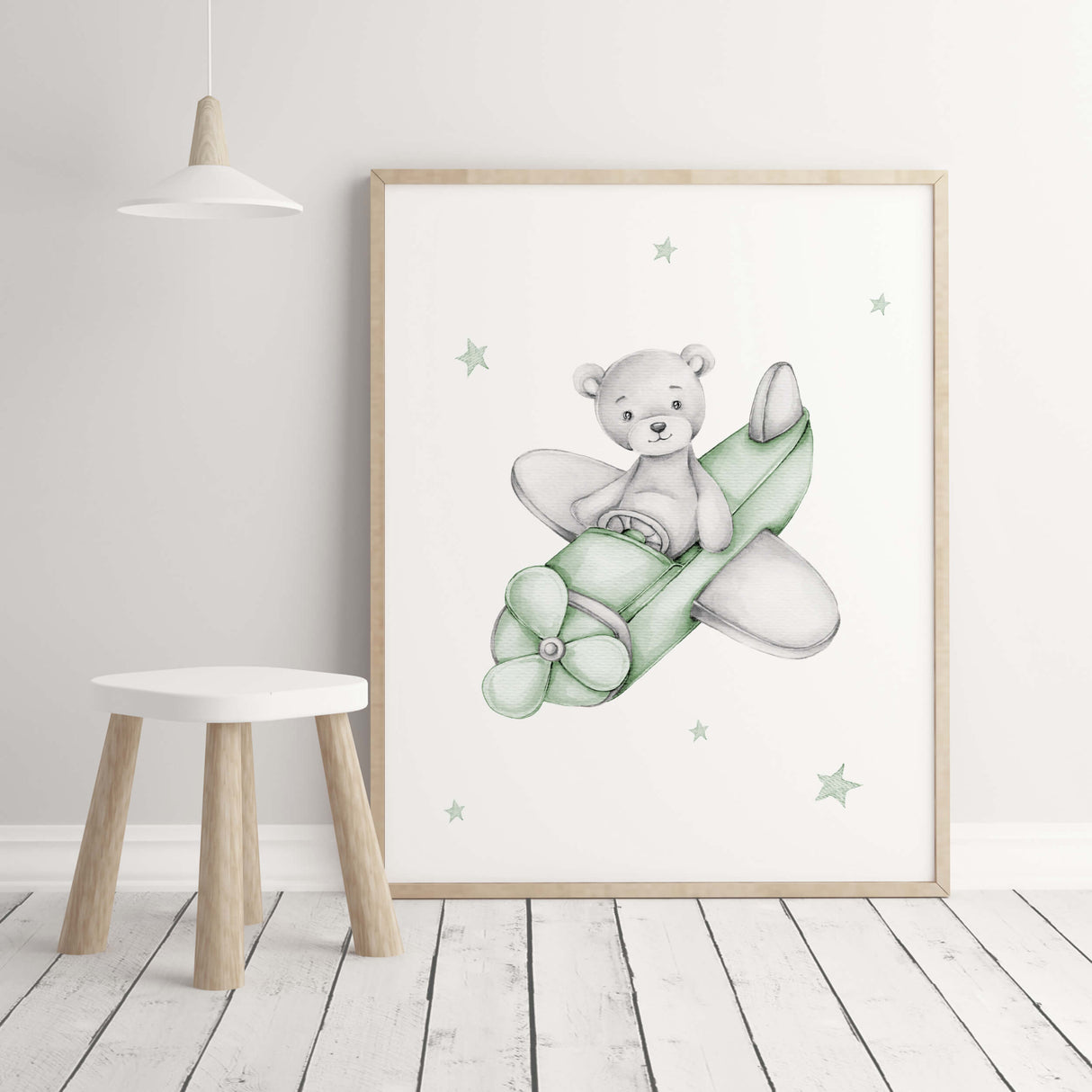 Set of 4 watercolor sage green gray teddy bear print for gender neutral nursery decor and ideas, includes teddy bear on the moon, cloud, with balloon and in airplane.