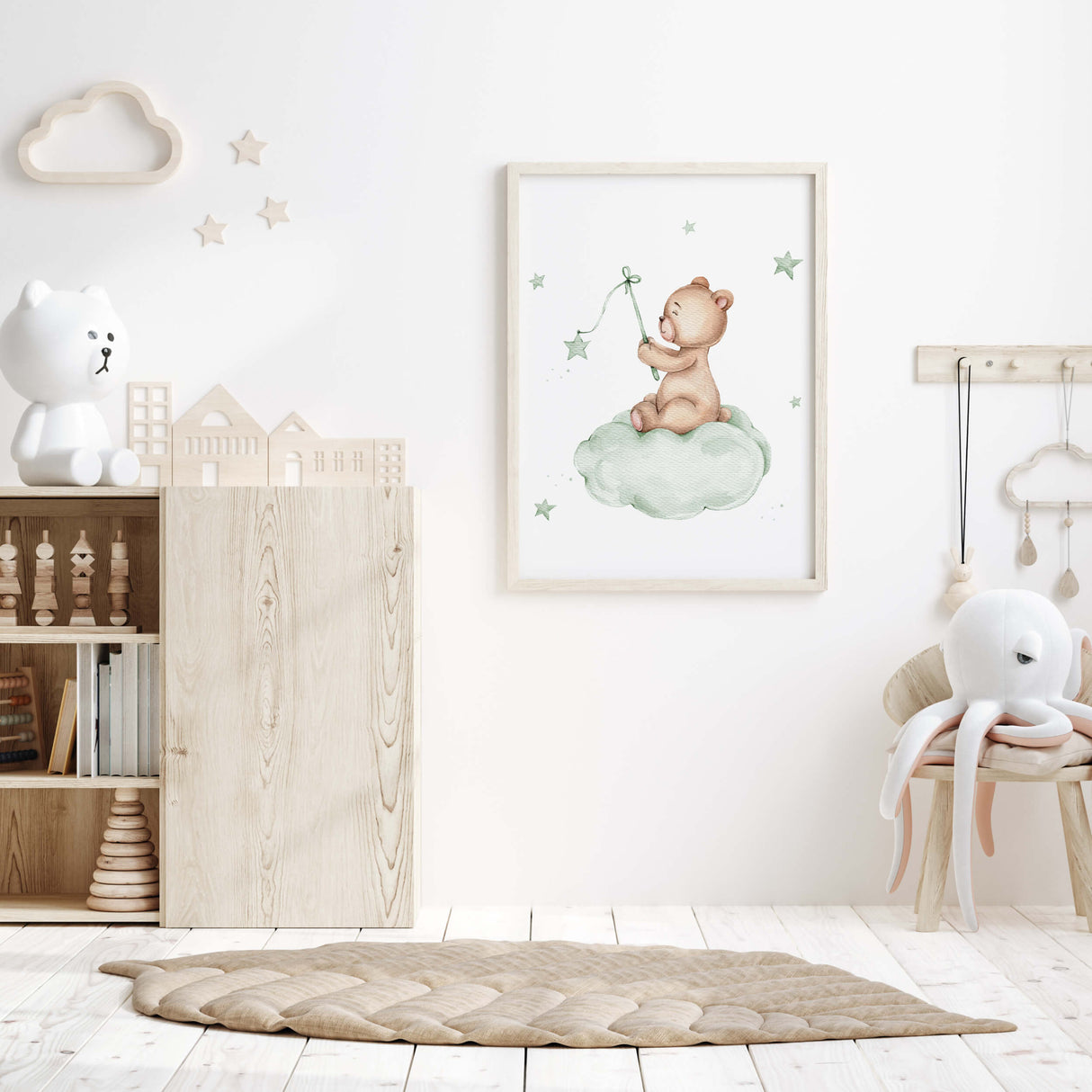 Watercolor teddy bear poster on the cloud in sage green and brown colors for gender neutral nursery decor.