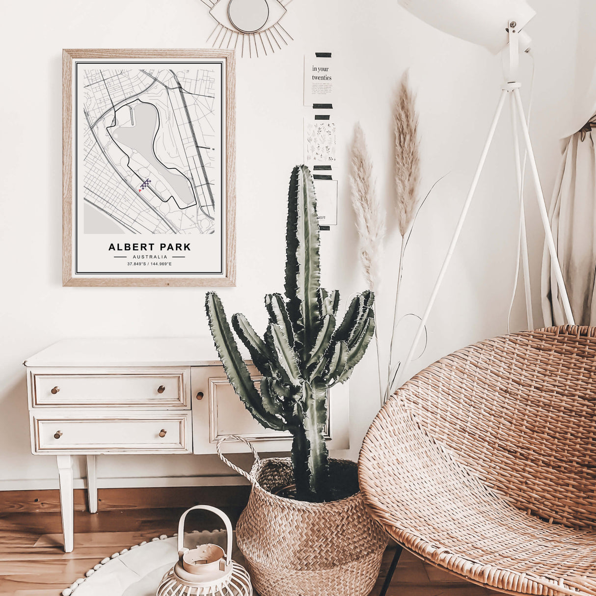 Albert Park F1 circuit map print for black and white minimalist home decor.
