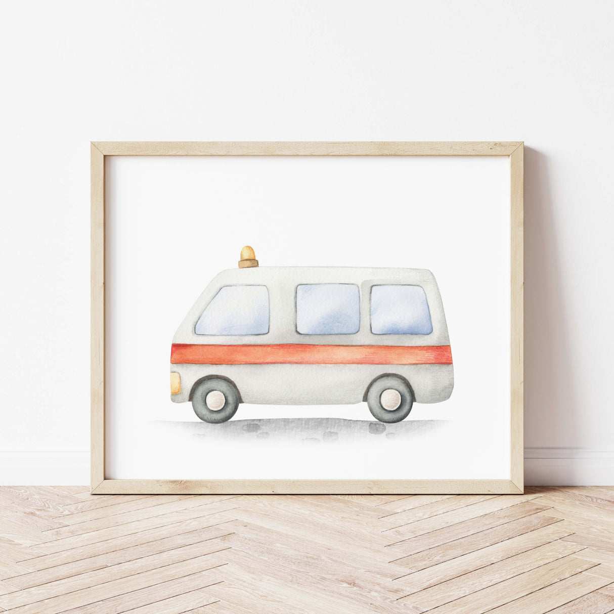 Watercolor ambulance print for toddler, boys and neutral nursery room decor.