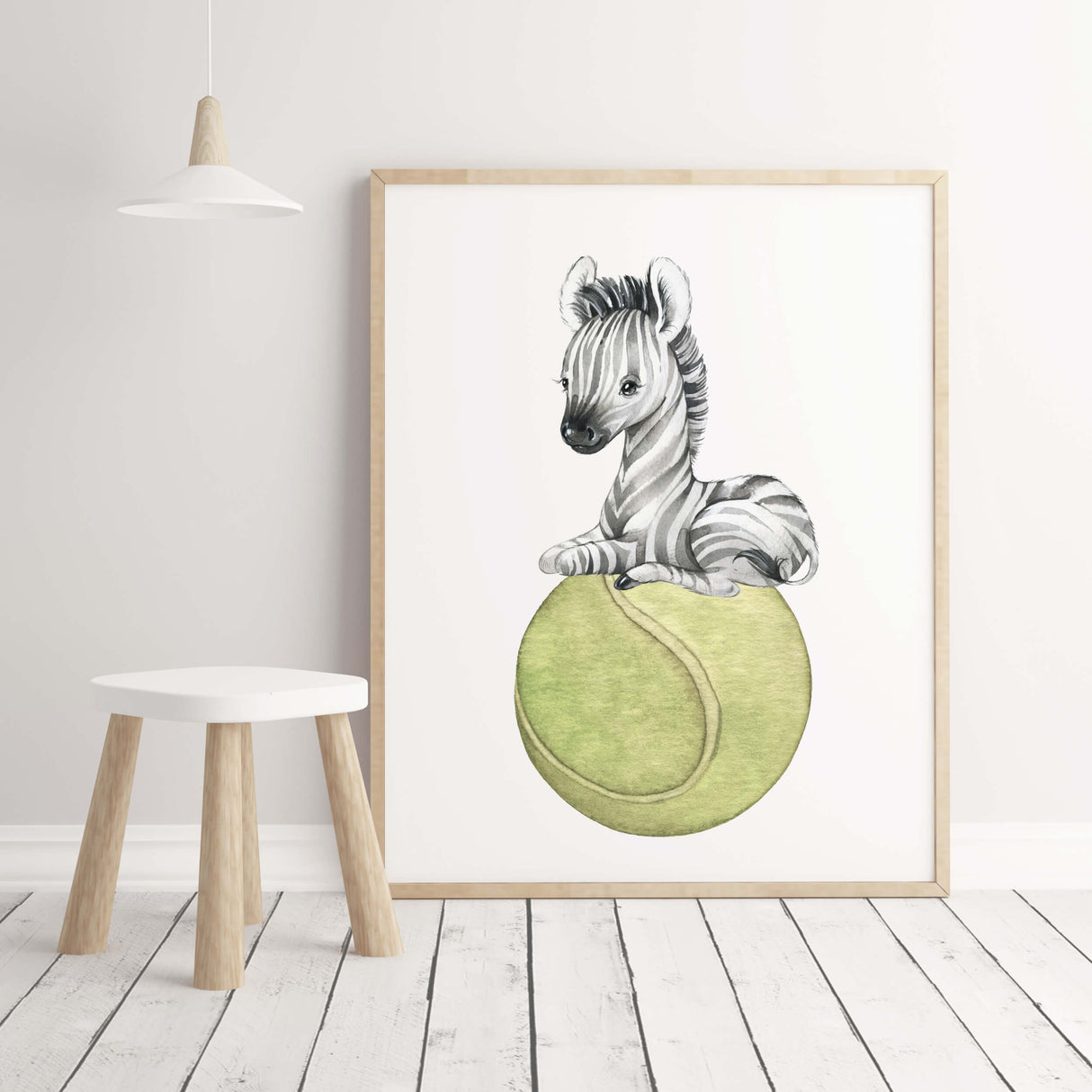Watercolor sport nursery print with zebra, tennis ball for gender neutral nursery decor, toddler room decor, boys room decor.