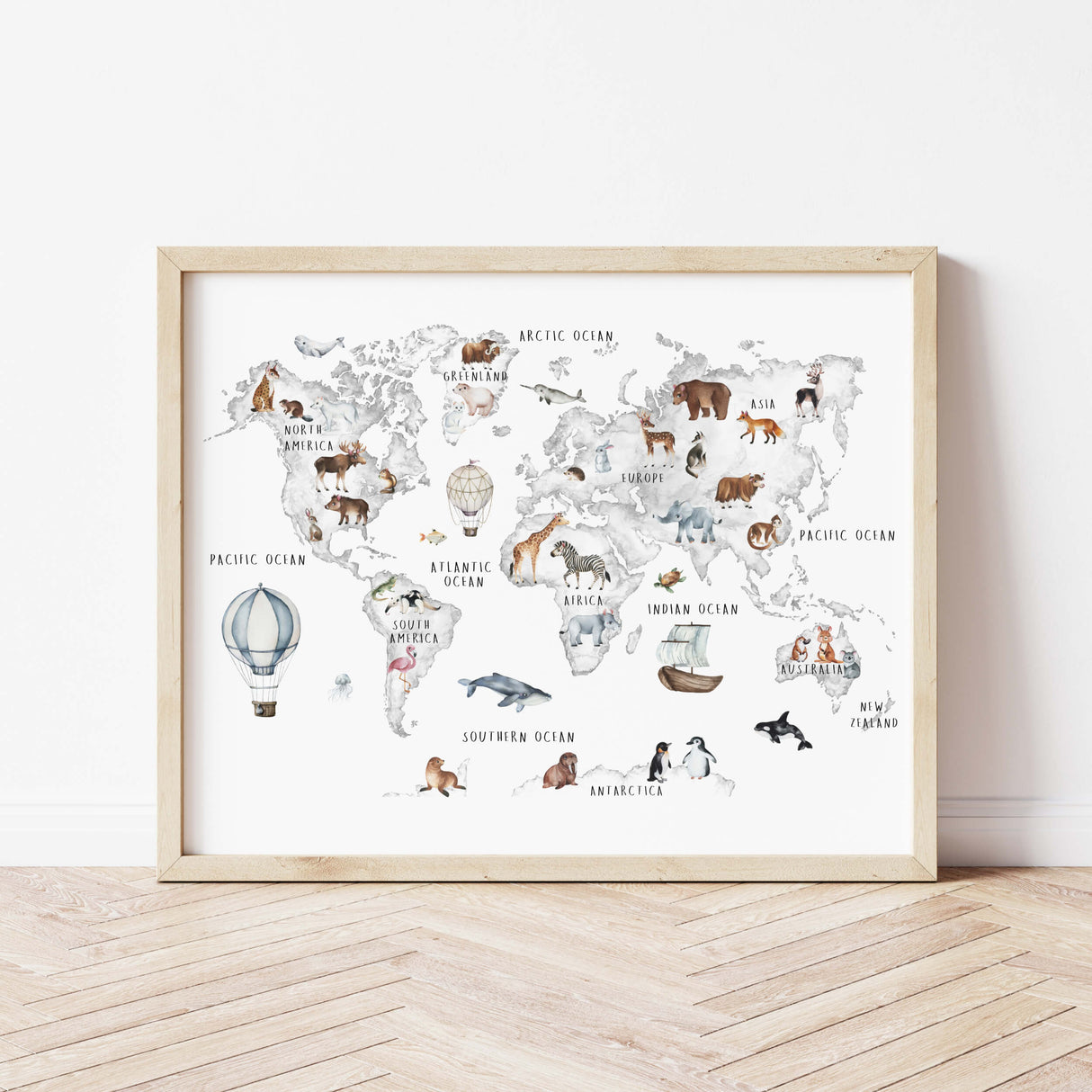 Watercolor nursery world map with continent and animals in gray color printable for neutral nursery decor.