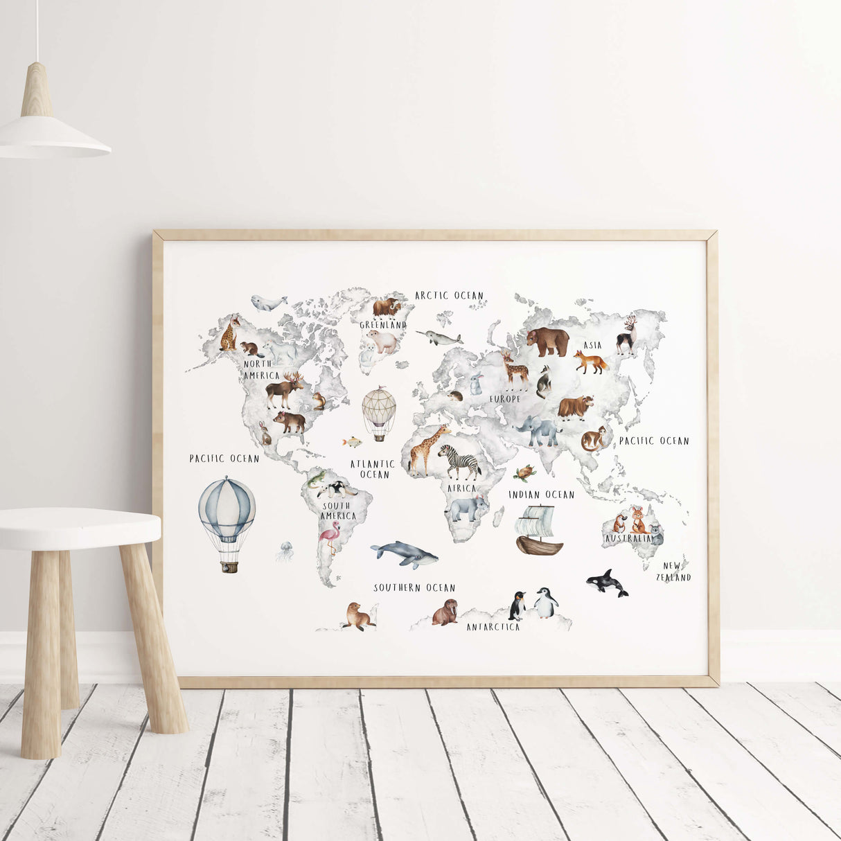 Watercolor nursery world map with continent and animals in gray color prints for neutral nursery decor.