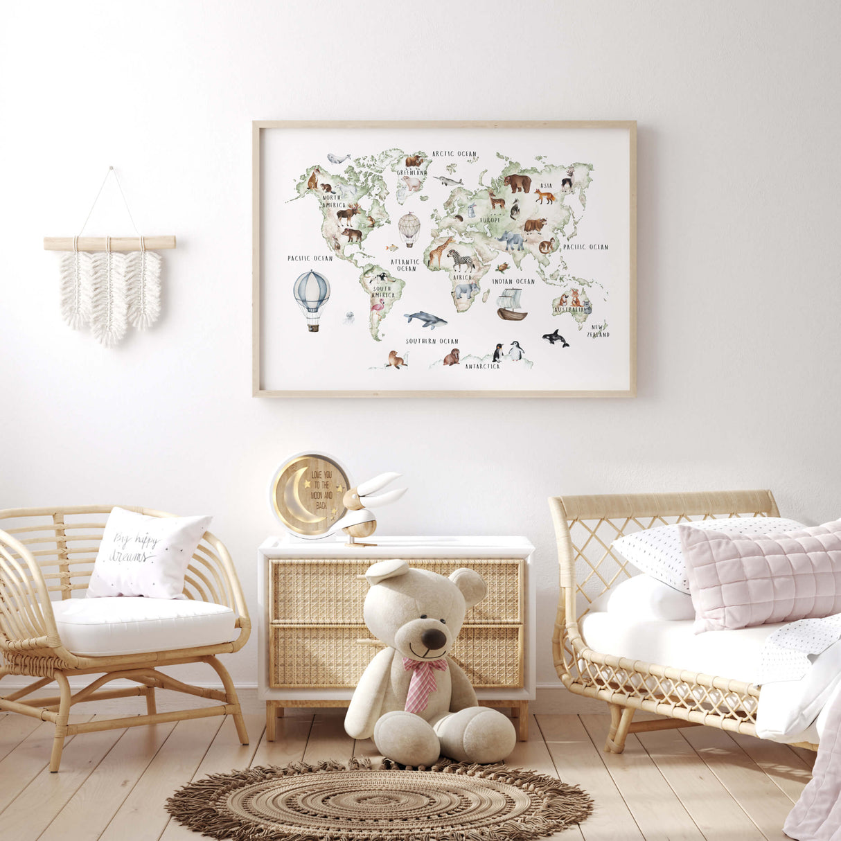 Nursery world map print with continent and animals for educational kids room decor.