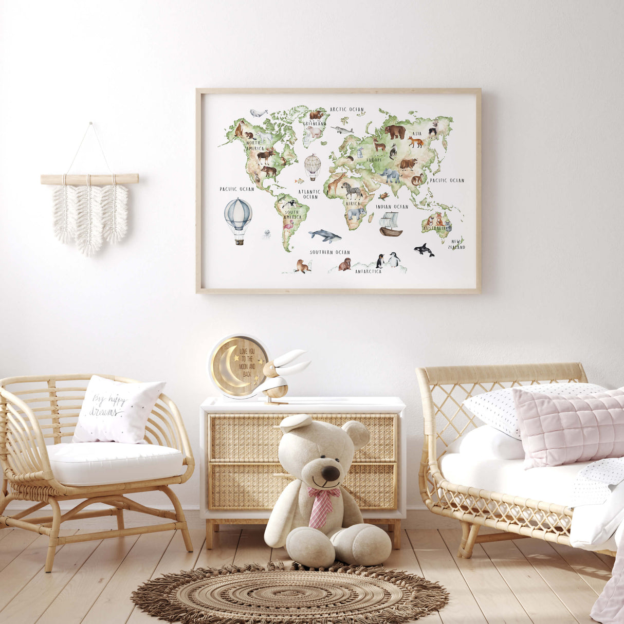 Watercolor world map with continent and animals for boho nursery room decor and kids room decor.
