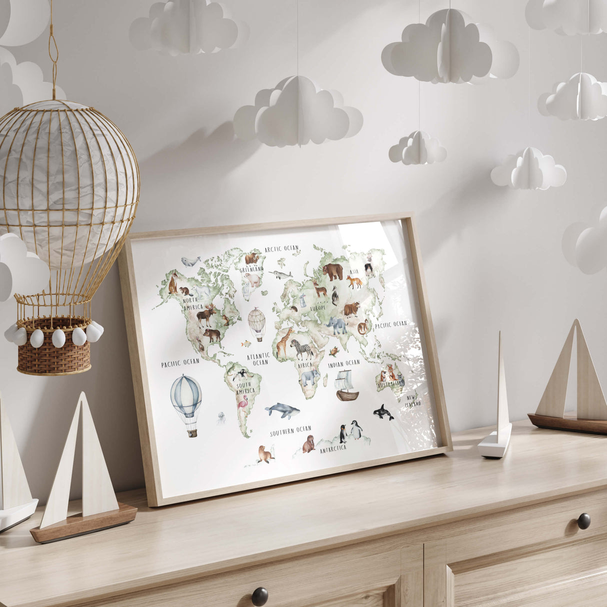 Watercolor educational world map print with continent and animals in sage green and brown colors for boho nursery decor.