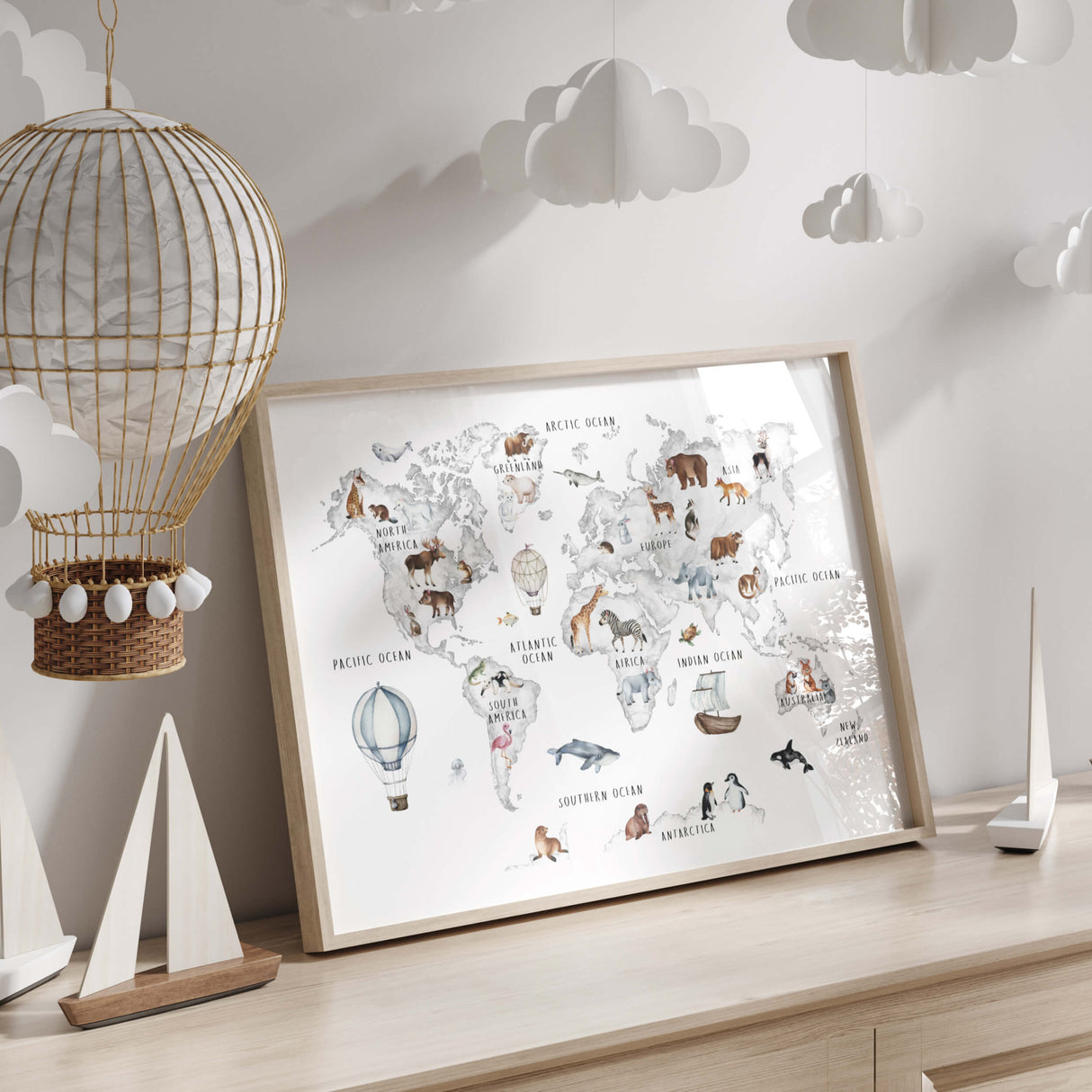 Watercolor nursery world map with continent and animals in gray color printable for white gray brown nursery decor.