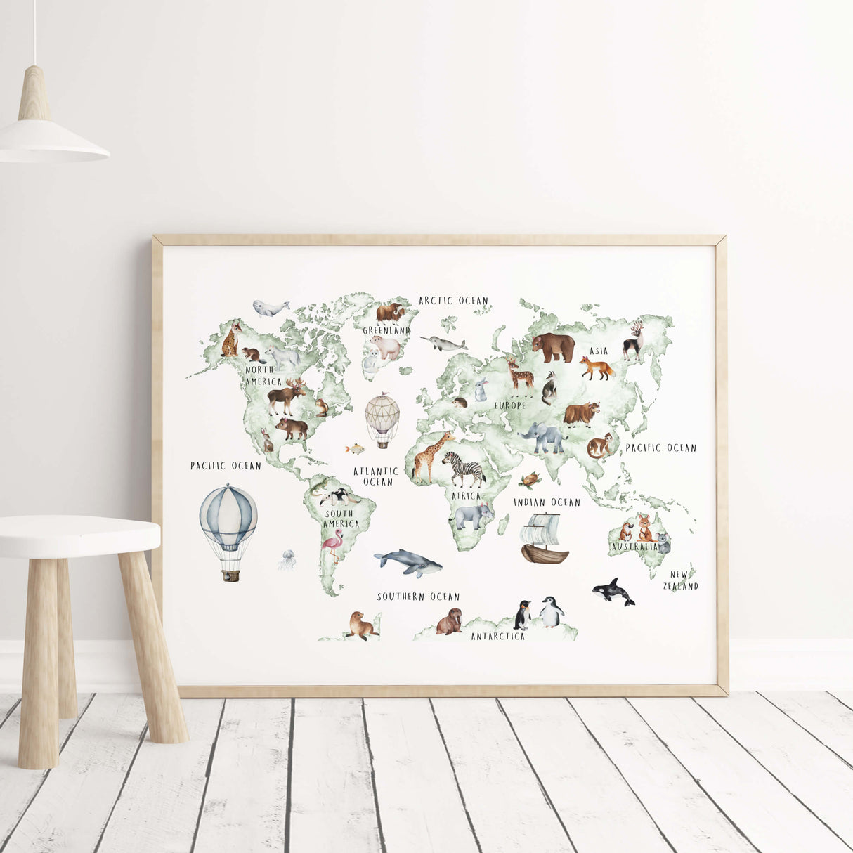 Watercolor world map printable with continent and animals with sage green color for neutral nursery wall decor, boys room decor and girls room decor.