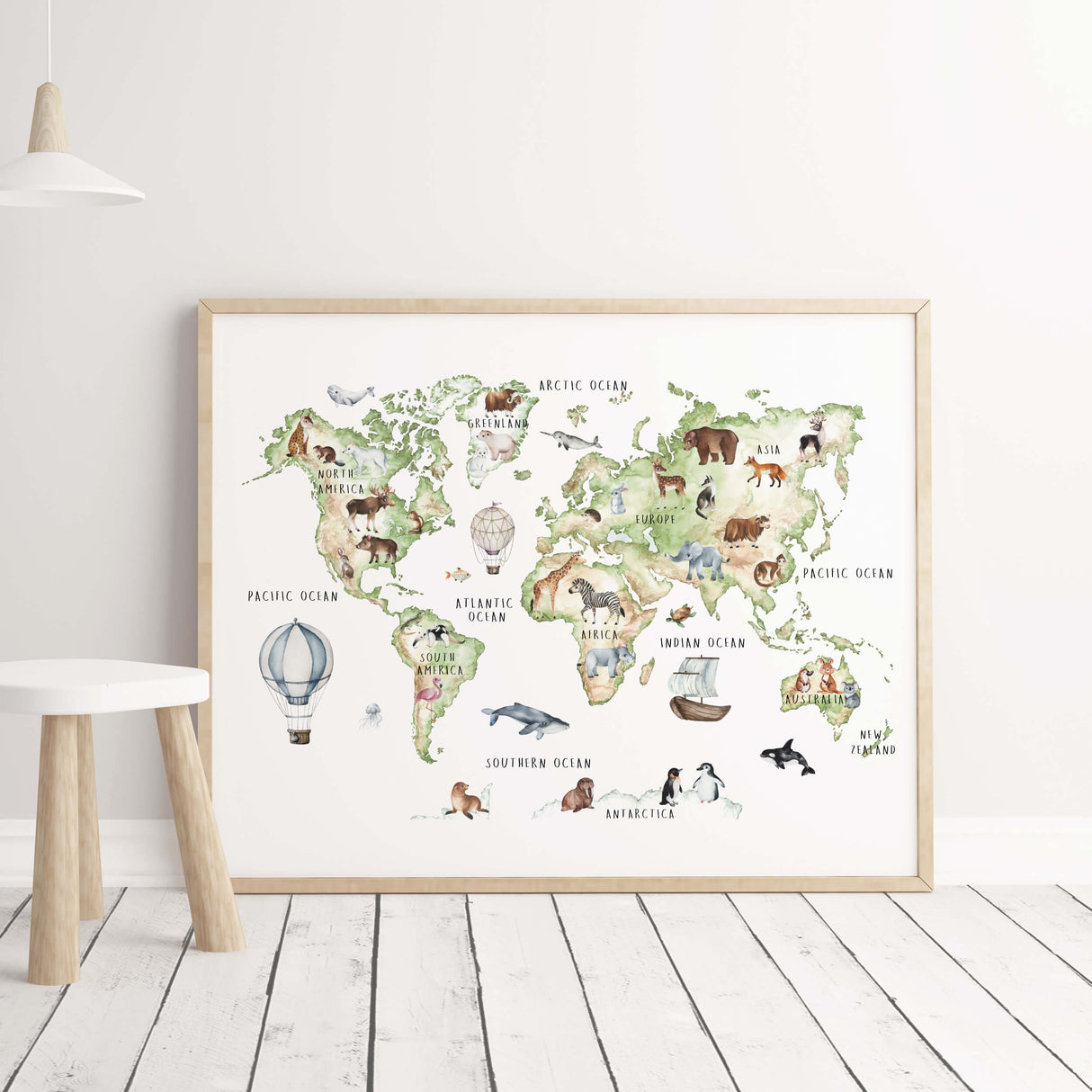 Vibrant green and brown nursery world map with continent and animals for neutral nursery and kids wall decor.