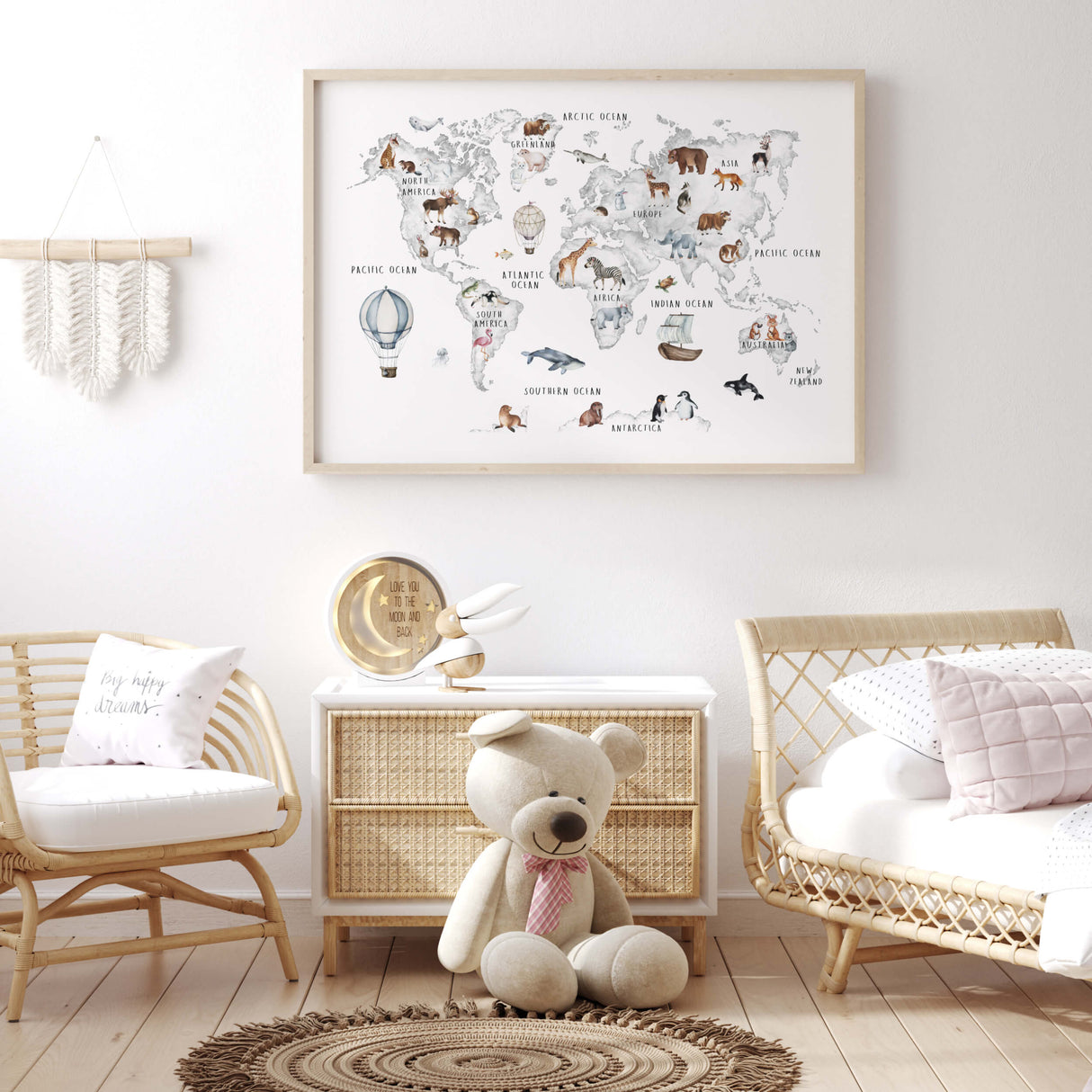 Watercolor nursery world map with continent and animals in gray color printable for neutral nursery wall decor, kids room decor, boys room decor, girls room decor.