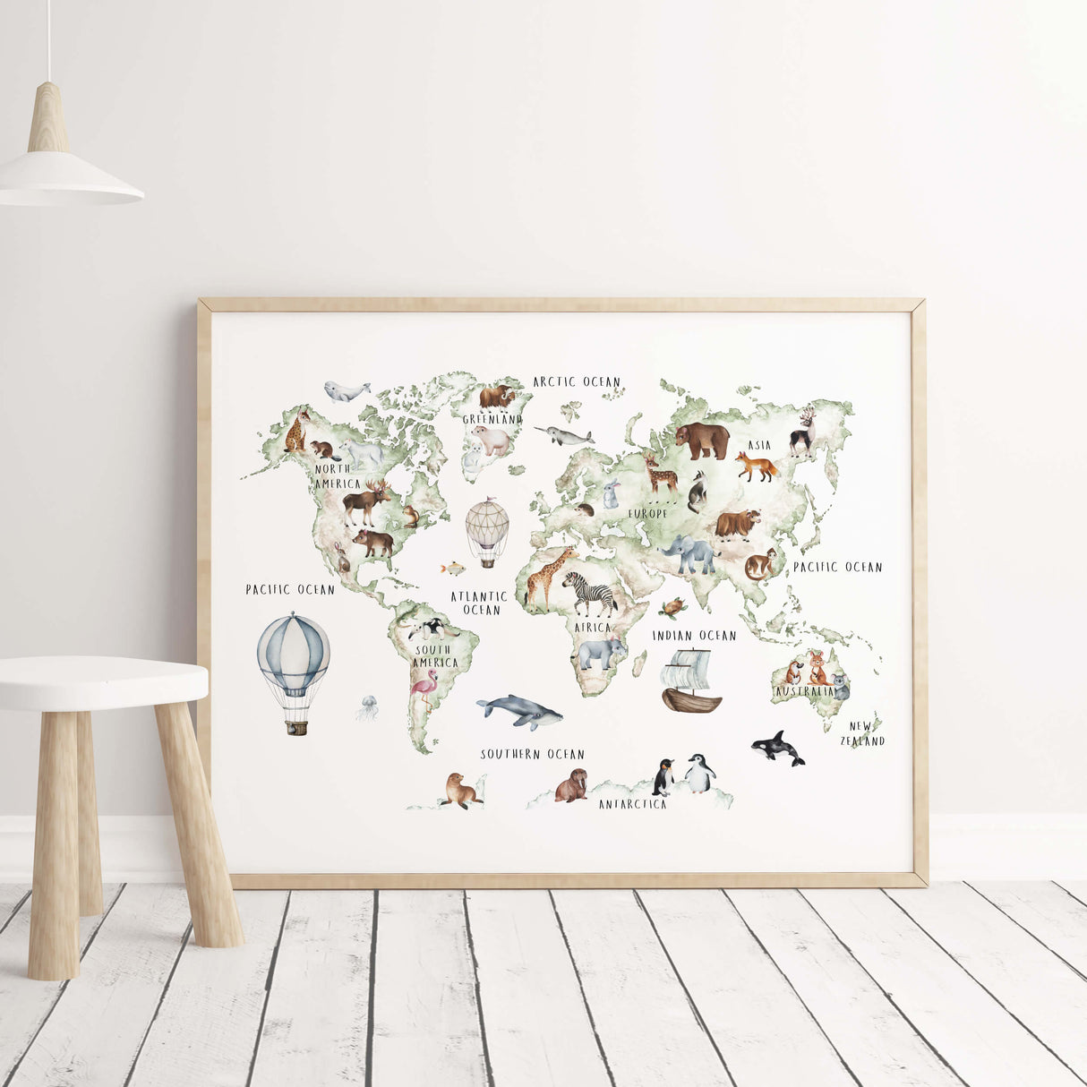 Nursery world map print with continent and animals for neutral nursery decor.