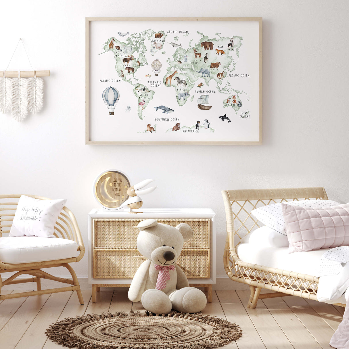 Watercolor educational world map printable with continent and animals with sage green, gray and brown color for kids room decor.