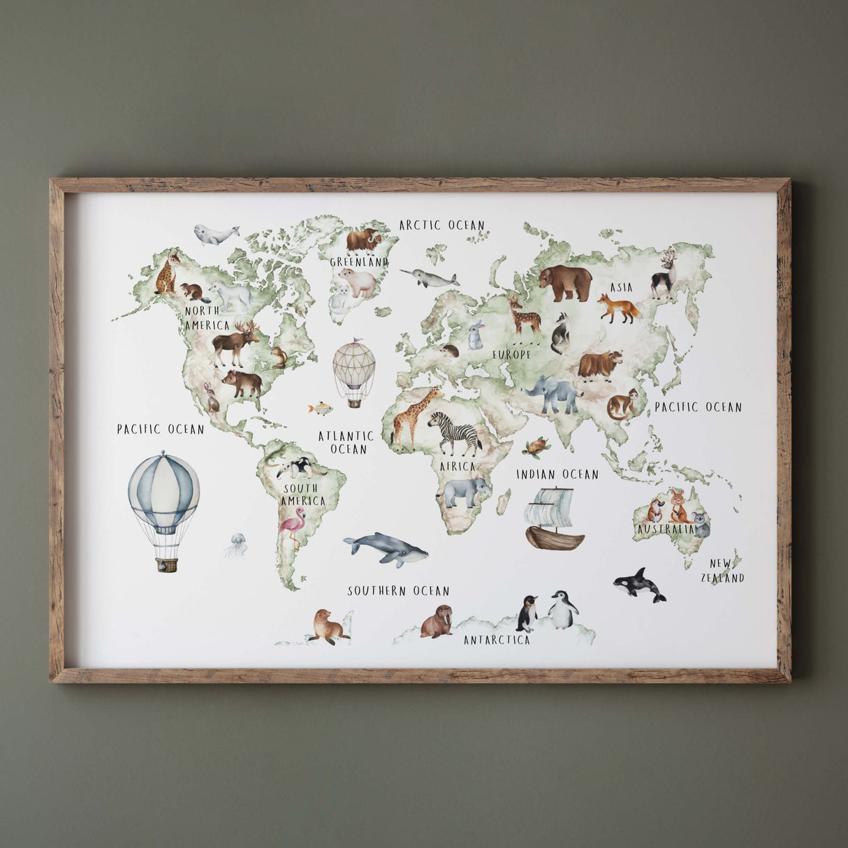 Watercolor world map print for sage green nursery decor and sage green kids room decor.