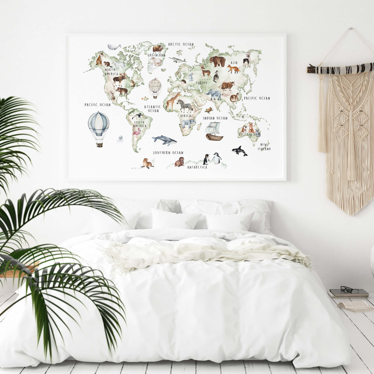 Nursery world map print with continent and animals for kids room decor