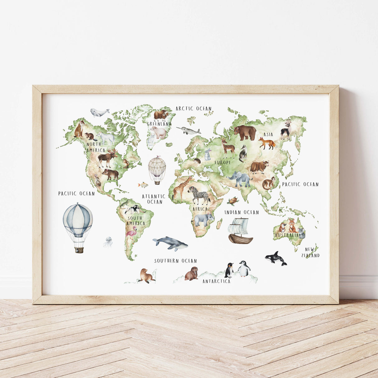 Watercolor educational world map with contitnent and animals in green and brown colors for boys room decor and girls room wall decor.