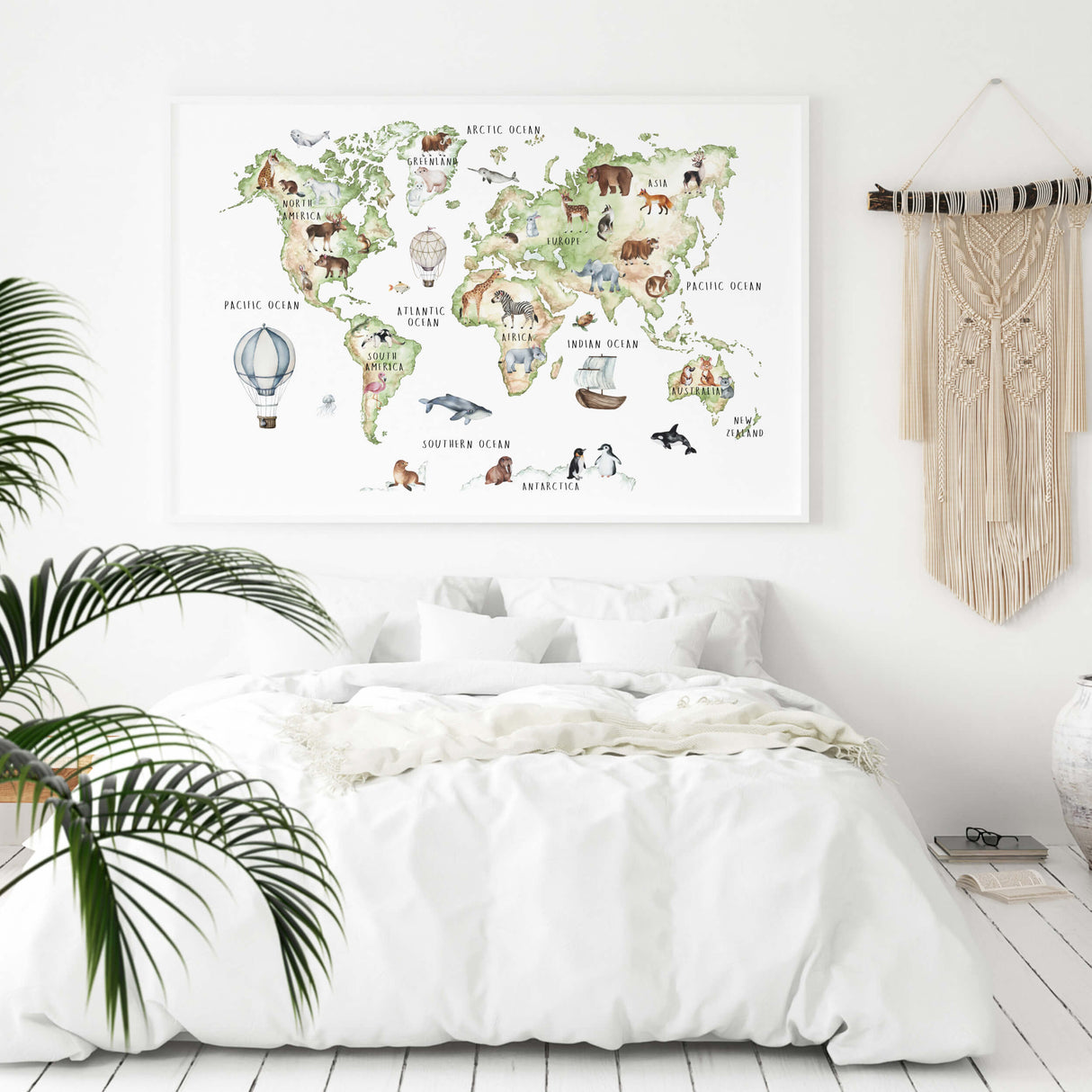 Watercolor boho nursery and kids world map poster for gender neutral kids and baby room decor.