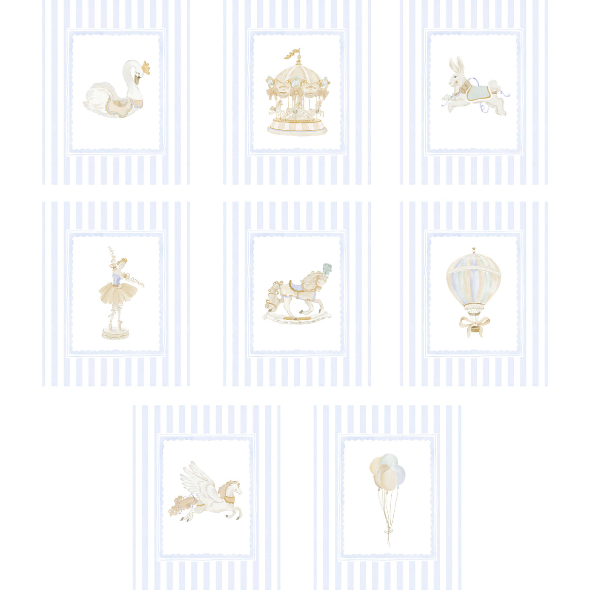 storybook style nursery artwork set with swan ballerina bunny horse and blue alphabet letters printable