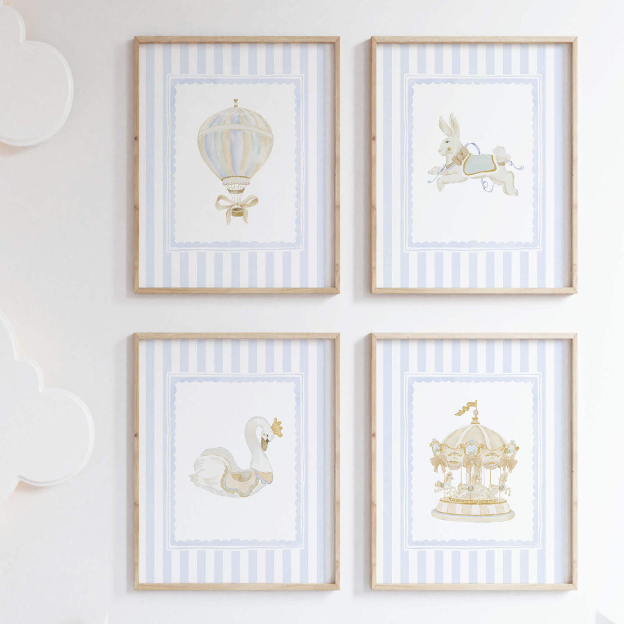 blue beige gender neutral nursery art bundle featuring circus carousel animals and customizable initial prints