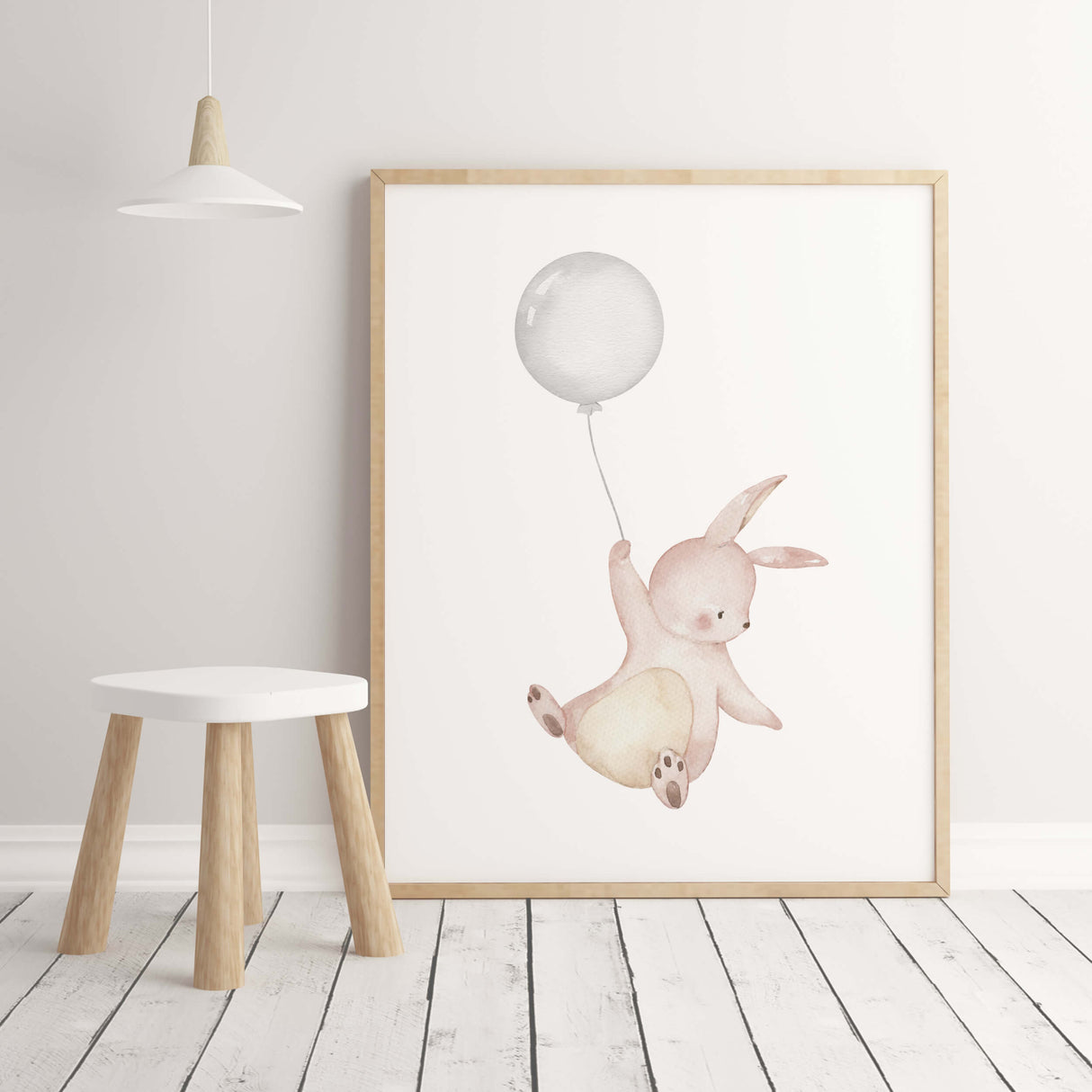 Watercolor bunny with balloon nursery printable in gray and beige colors for gender neutral nursery decor, sage green nursery decor, animals: sheep, fox, bunny.