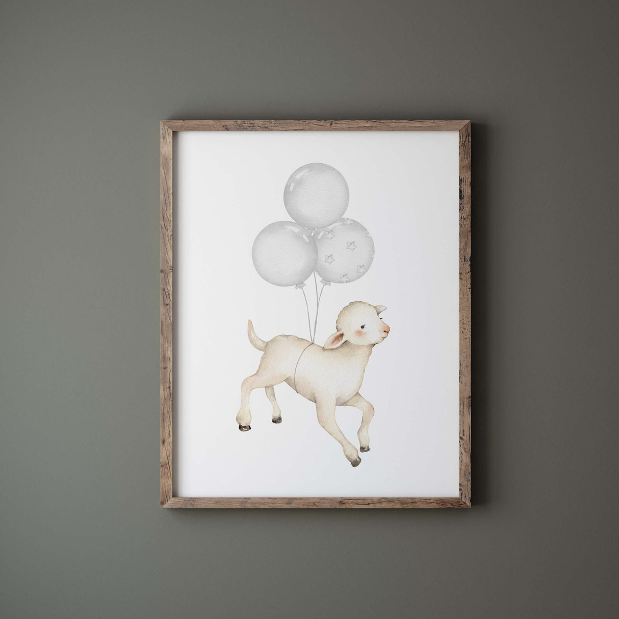 Watercolor woodland animals with balloon nursery printable in gray and beige colors for gender neutral nursery decor, sage green nursery decor, animals: sheep, fox, bunny.