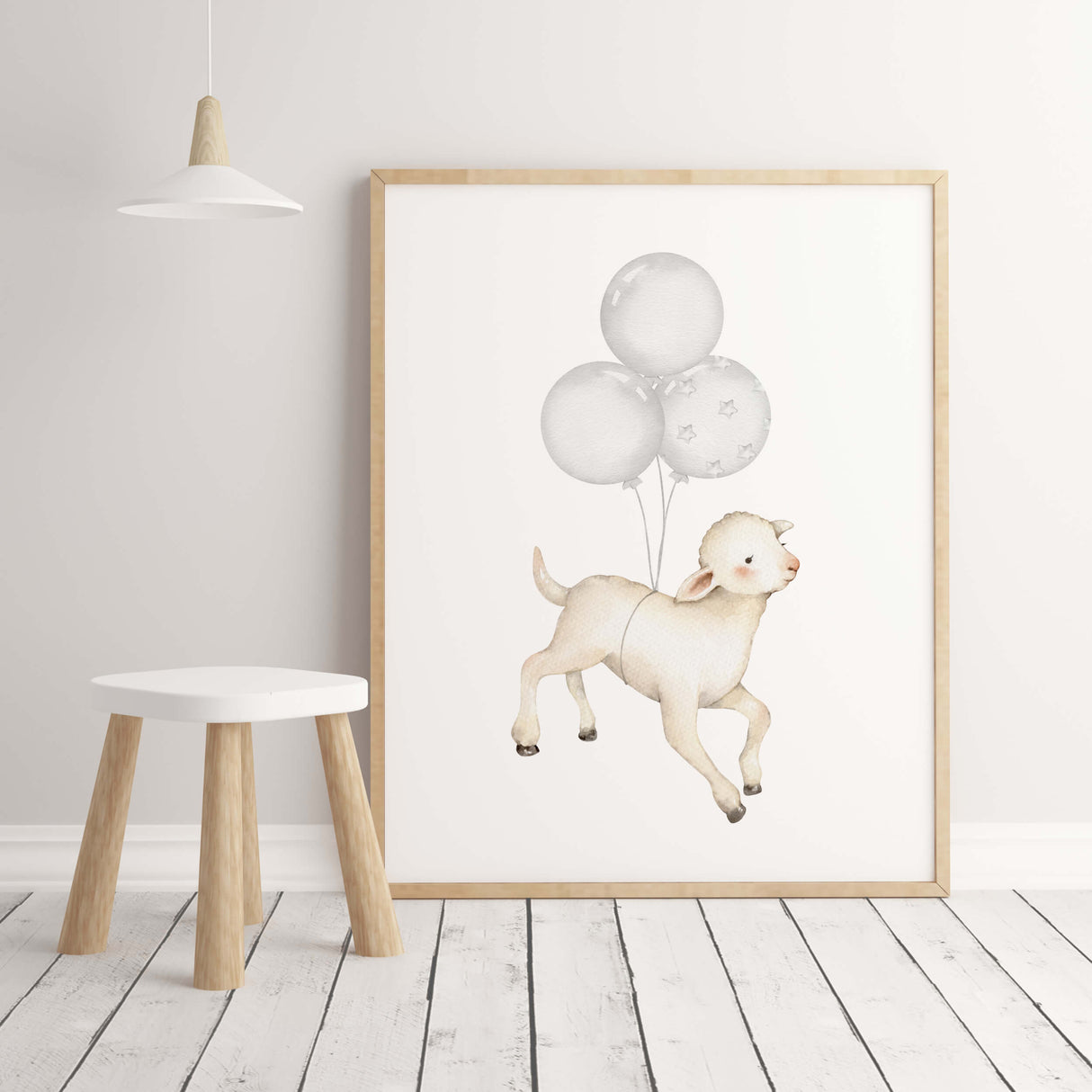 Watercolor sheep with balloon nursery printable in gray and beige colors for gender neutral nursery decor, sage green nursery decor, animals: sheep, fox, bunny.