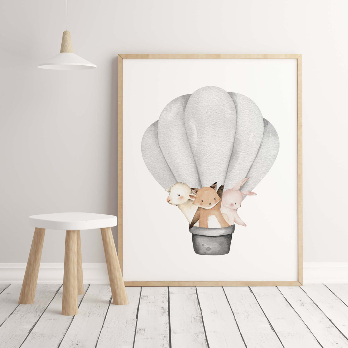 Watercolor woodland animals with balloon, hot air balloon, alphabet, numbers nursery printable in gray and beige colors for gender neutral nursery decor, sage green nursery decor, animals: sheep, fox, bunny.