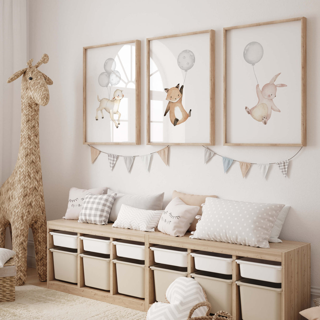 Watercolor woodland animals with balloon nursery printable in gray and beige colors for gender neutral nursery decor, sage green nursery decor, animals: sheep, fox, bunny.