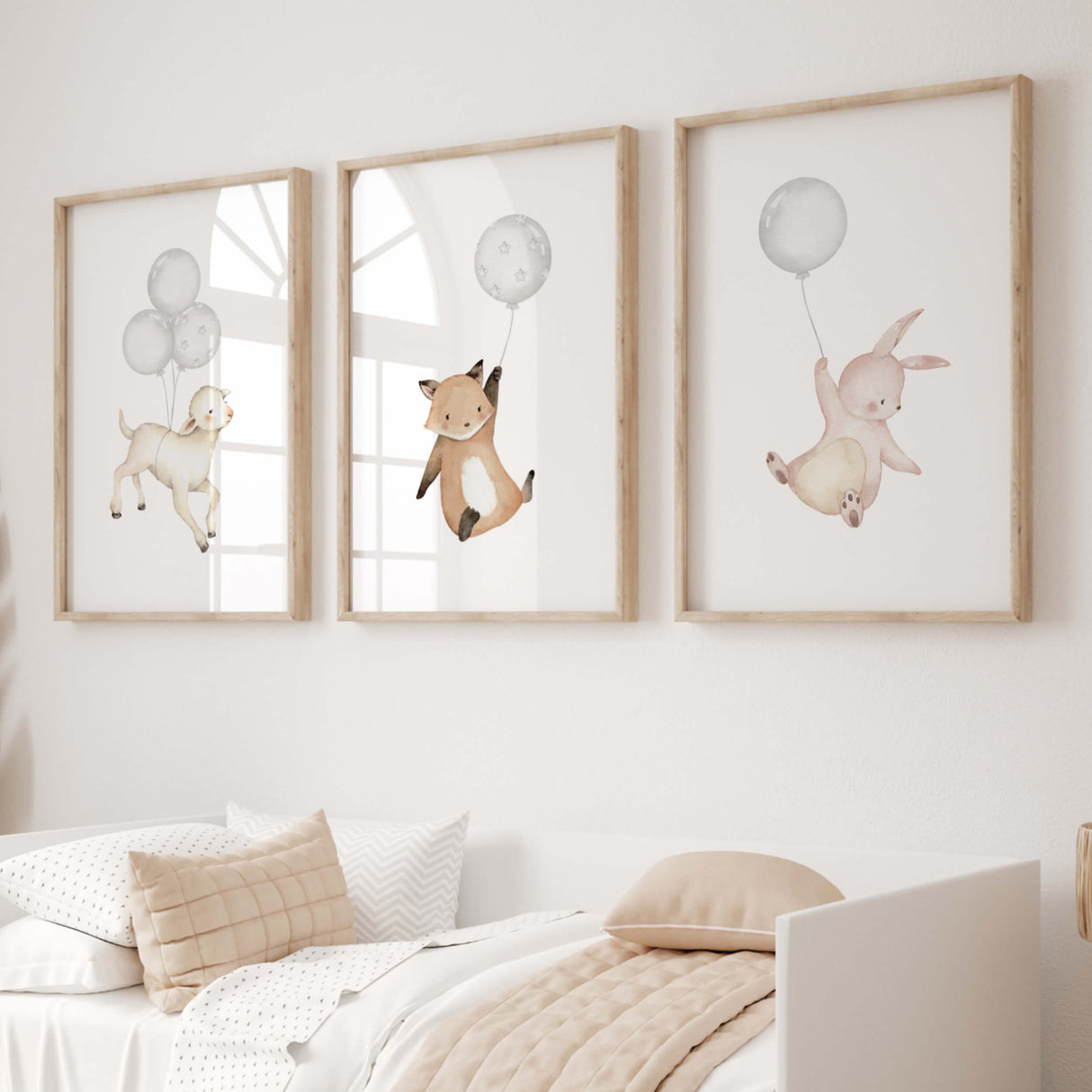 Watercolor woodland animals with balloon nursery printable in gray and beige colors for gender neutral nursery decor, sage green nursery decor, animals: sheep, fox, bunny.