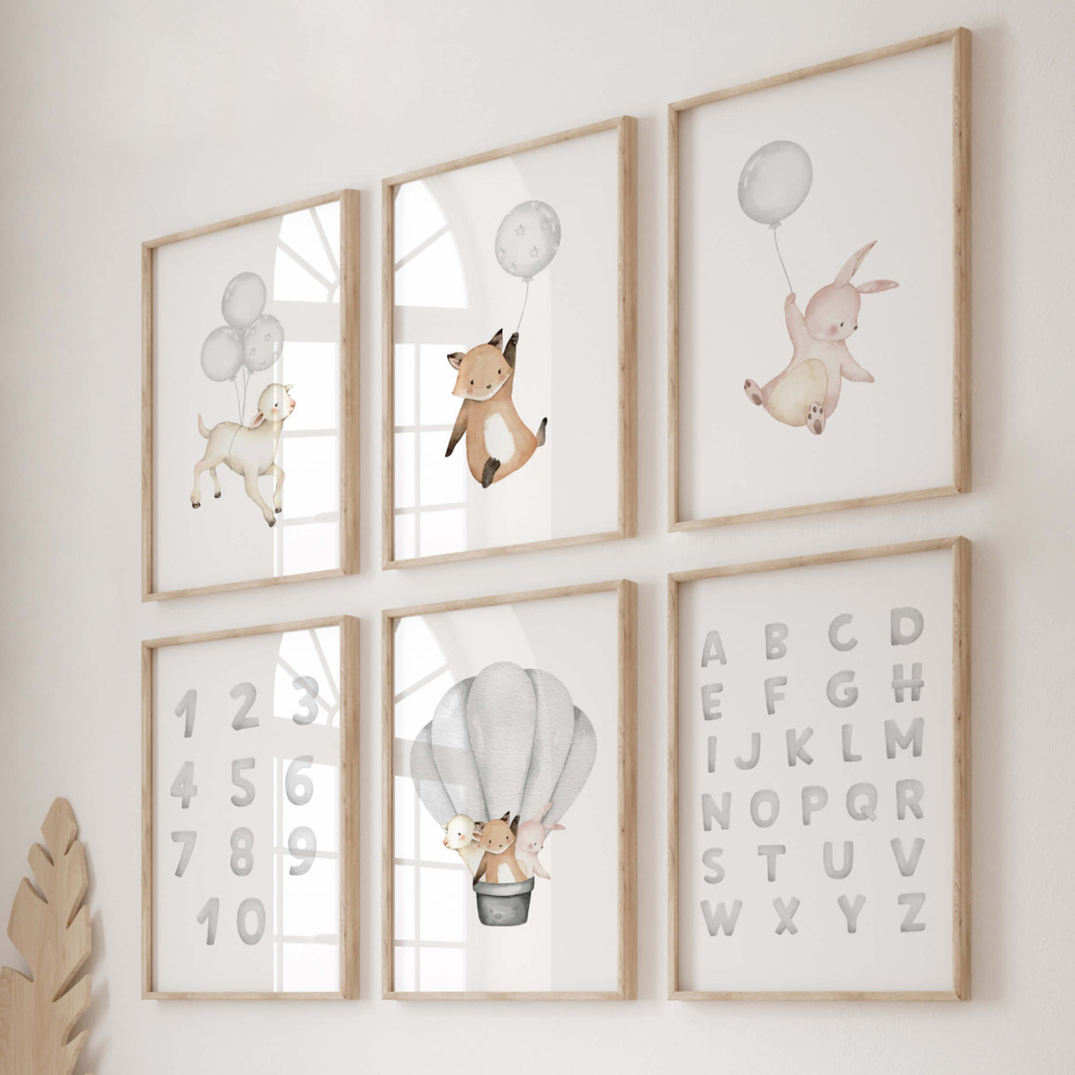 Watercolor woodland animals with balloon, hot air balloon, alphabet, numbers nursery printable in gray and beige colors for gender neutral nursery decor, sage green nursery decor, animals: sheep, fox, bunny.