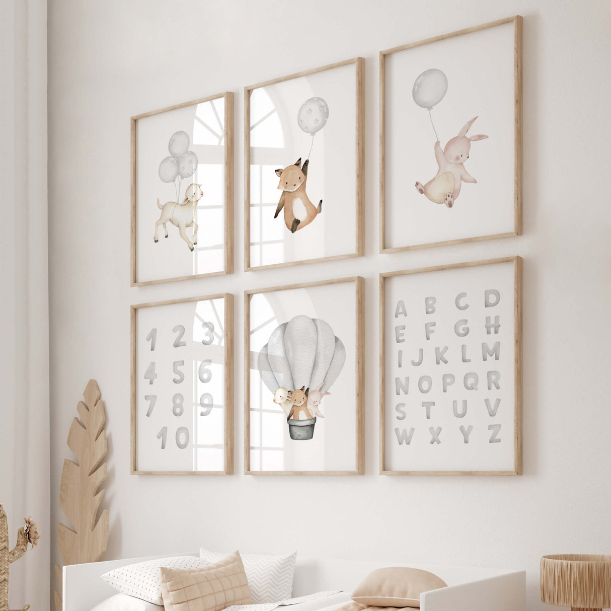 Watercolor woodland animals with balloon, hot air balloon, alphabet, numbers nursery print in gray and beige colors for gender neutral nursery decor, sage green nursery decor, animals: sheep, fox, bunny.