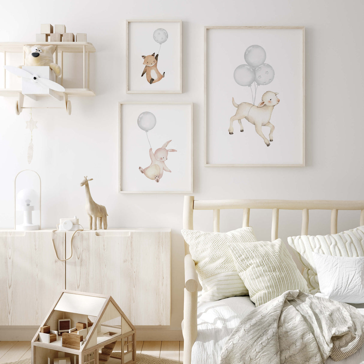 Watercolor woodland animals with balloon nursery poster in gray and beige colors for boho nursery decor, gender neutral nursery decor, sage green nursery decor, animals: sheep, fox, bunny.
