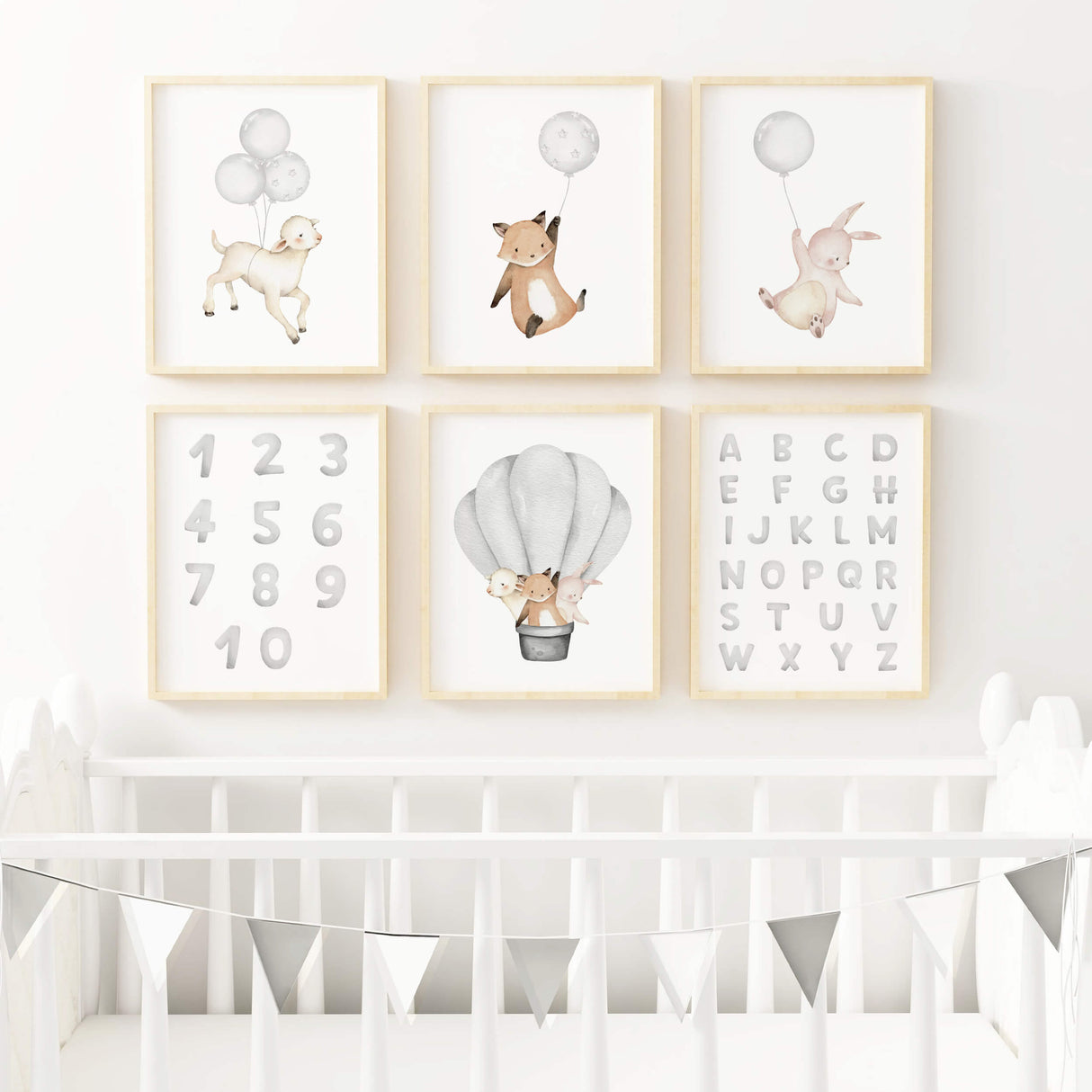 Watercolor woodland animals with balloon, hot air balloon, alphabet, numbers nursery printable in gray and beige colors for gender neutral nursery decor, sage green nursery decor, animals: sheep, fox, bunny.