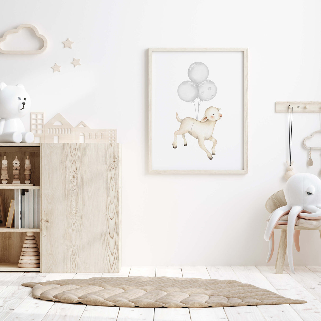 Watercolor woodland animals with balloon nursery printable in gray and beige colors for gender neutral nursery decor, sage green nursery decor, animals: sheep, fox, bunny.