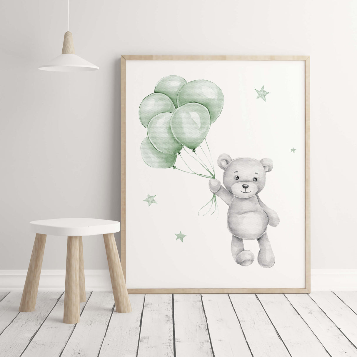 Set of 4 watercolor sage green gray teddy bear print for gender neutral nursery decor and ideas, includes teddy bear on the moon, cloud, with balloon and in airplane.