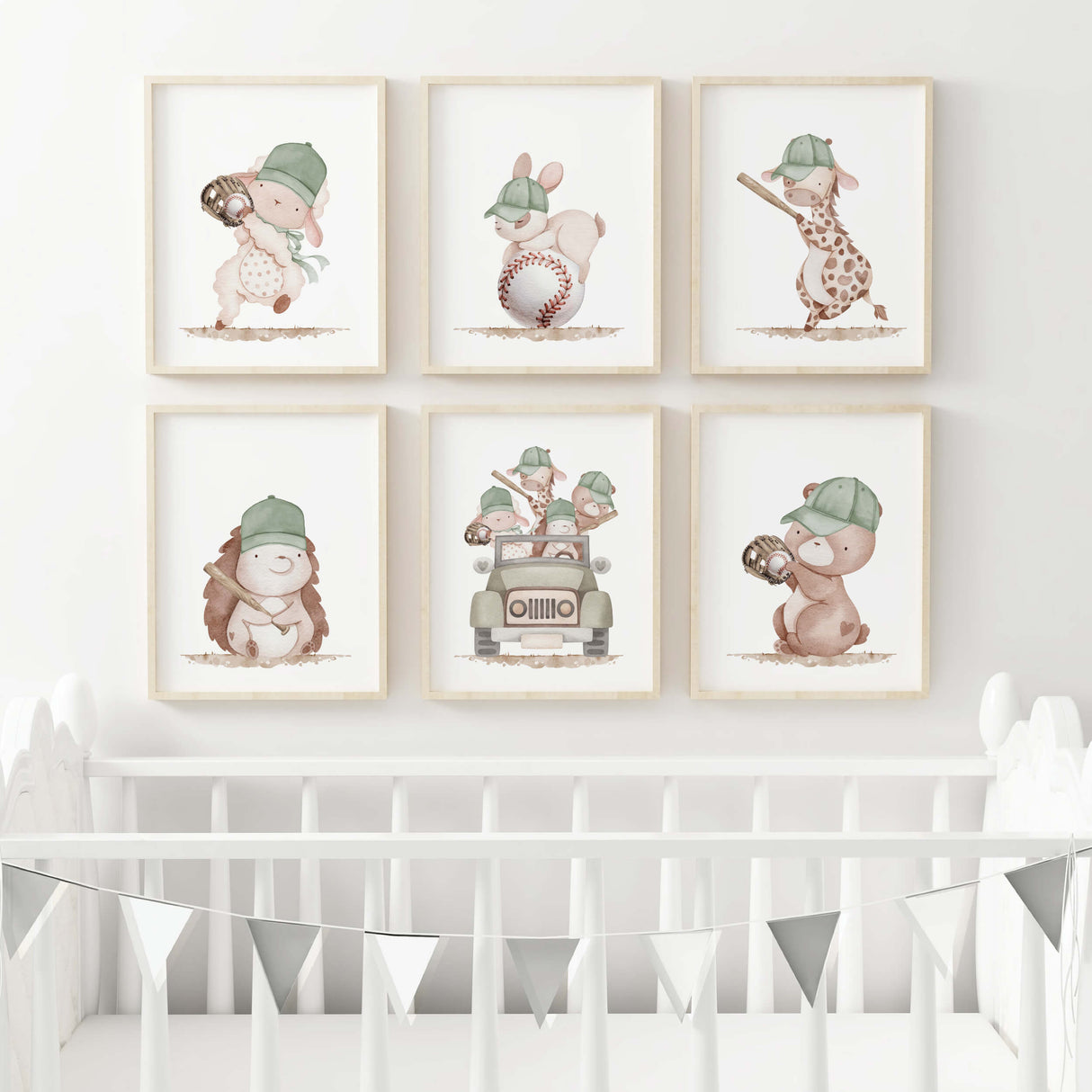 Watercolor baseball nursery poster with woodland animal in sage green, beige, brown colors for gender neutral nursery decor, boys room decor, toddler room decor and baseball nursery decor.