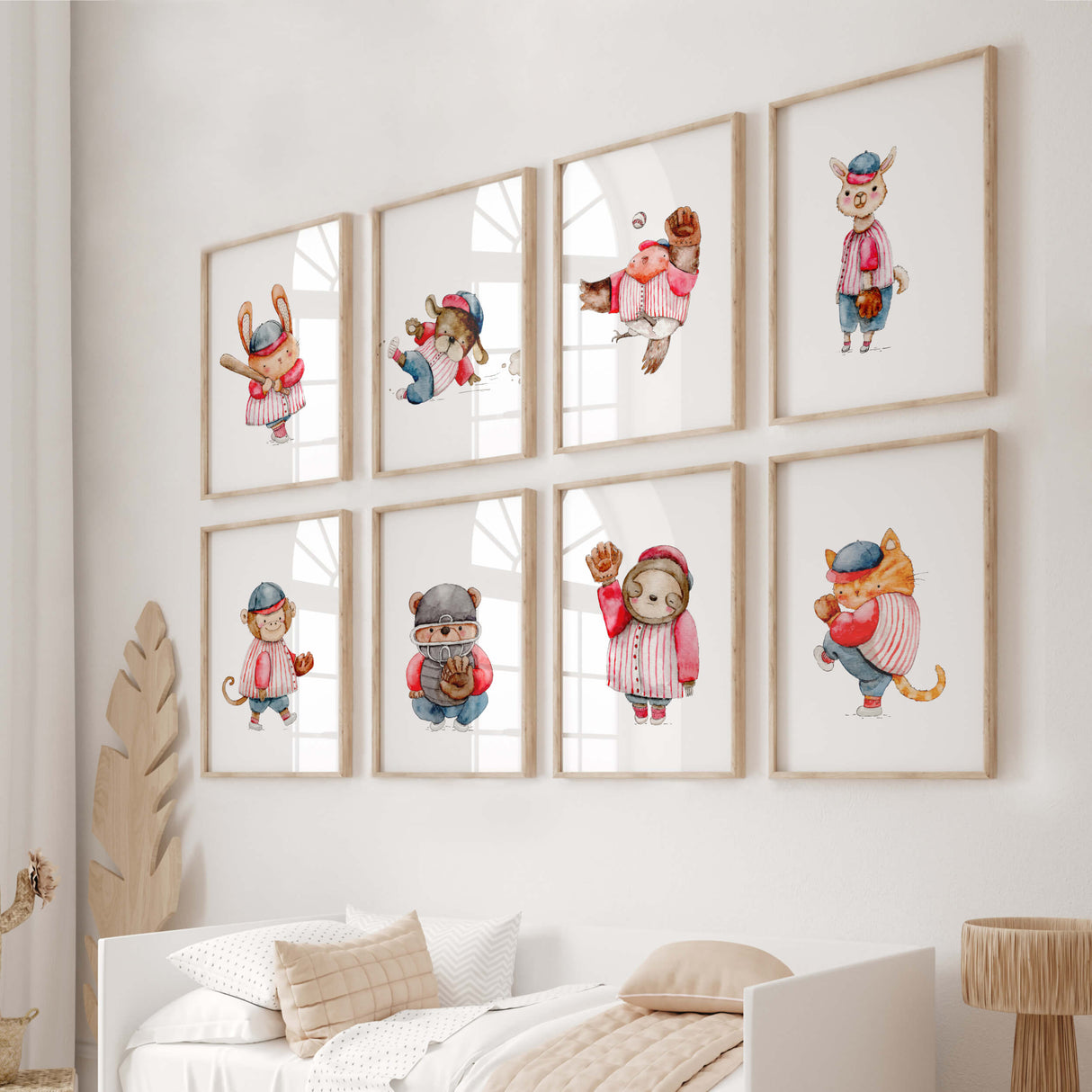 Watercolor baseball woodland printable in red, blue, brown colors for baby boys room decor, toddler room decor, gender neutral nursery decor, baseball nursery decor.