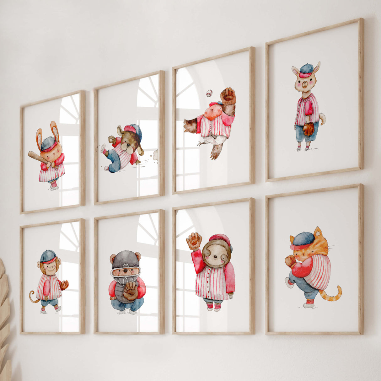 Watercolor baseball woodland print in red, blue, brown colors for baby boys room decor, toddler room decor, gender neutral nursery decor, baseball nursery decor.