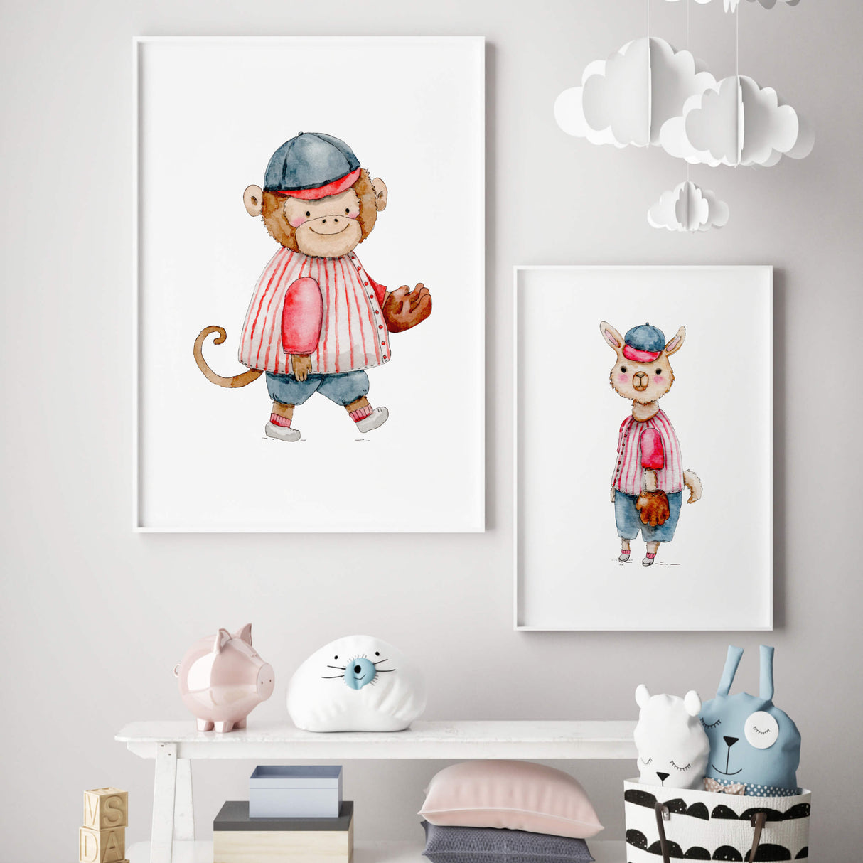 Watercolor baseball woodland poster in red, blue, brown colors for baby boys room decor, toddler room decor, gender neutral nursery decor, baseball nursery decor.