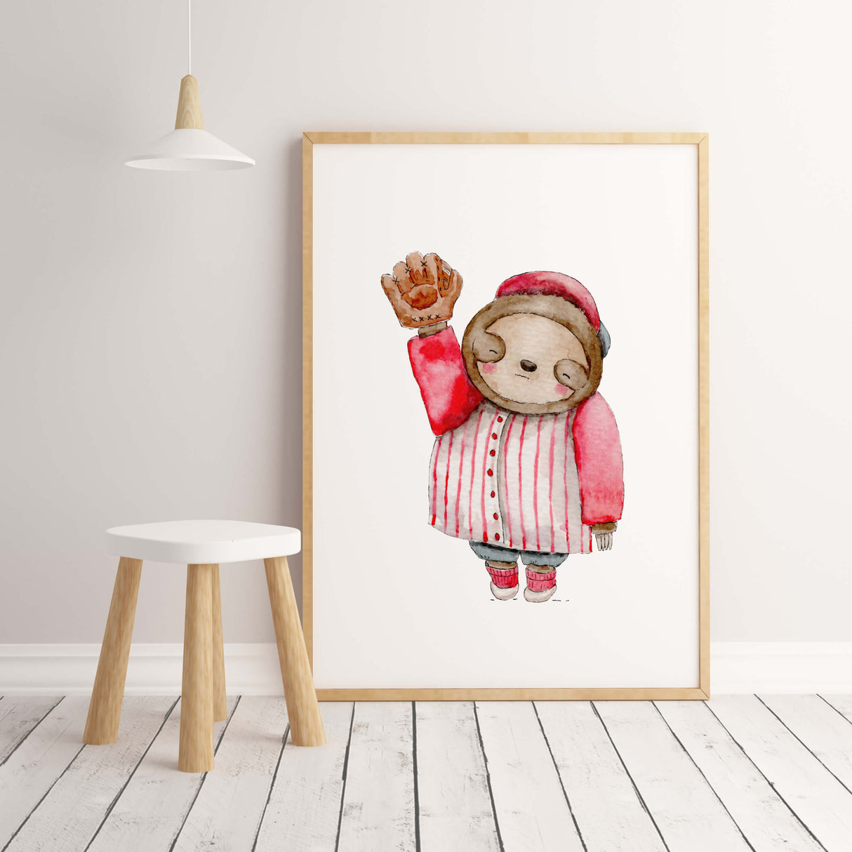 Watercolor baseball woodland print in red, blue, brown colors for baby boys room decor, toddler room decor, gender neutral nursery decor, baseball nursery decor.