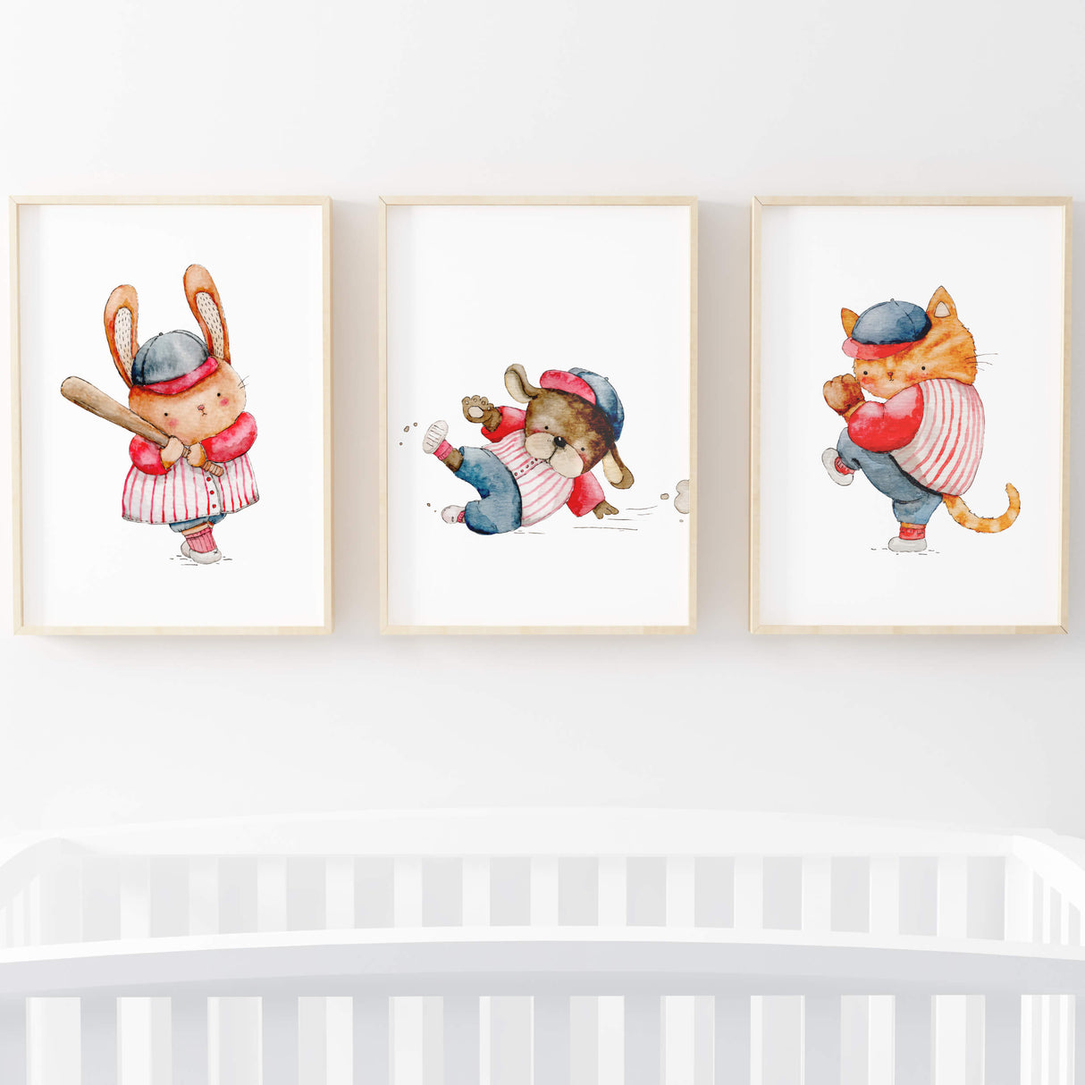 Watercolor baseball woodland print in red, blue, brown colors with bunny, cat, bear for baby boys room decor, toddler room decor, gender neutral nursery decor, baseball nursery decor.