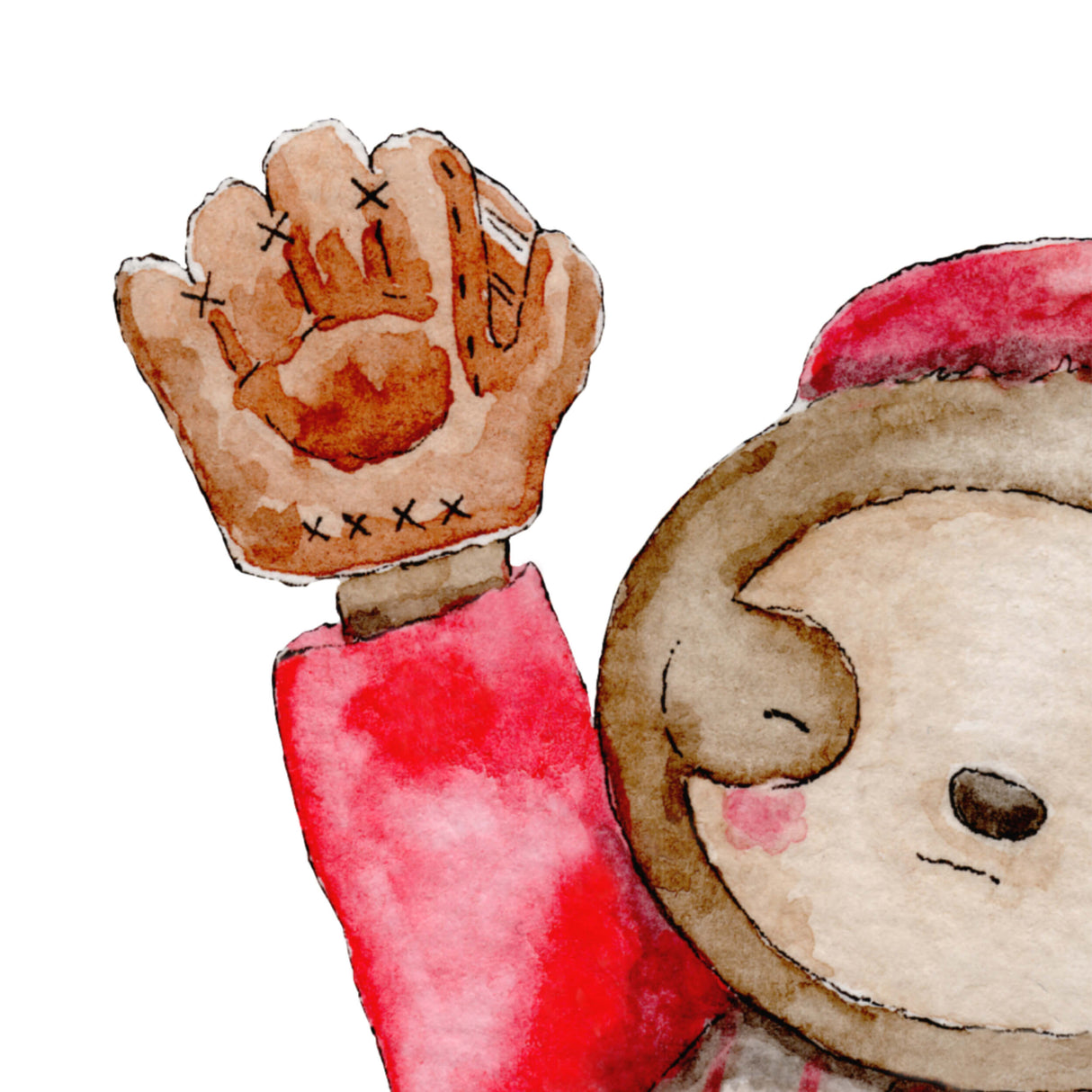 Watercolor baseball woodland print in red, blue, brown colors with bunny, cat, bear for baby boys room decor, toddler room decor, gender neutral nursery decor, baseball nursery decor.