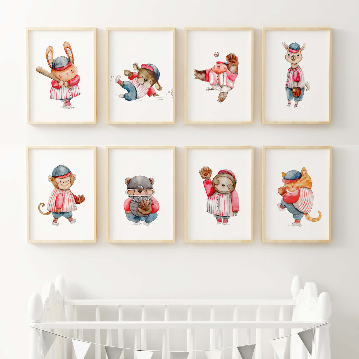 Watercolor baseball woodland poster in red, blue, brown colors for baby boys room decor, toddler room decor, gender neutral nursery decor, baseball nursery decor.