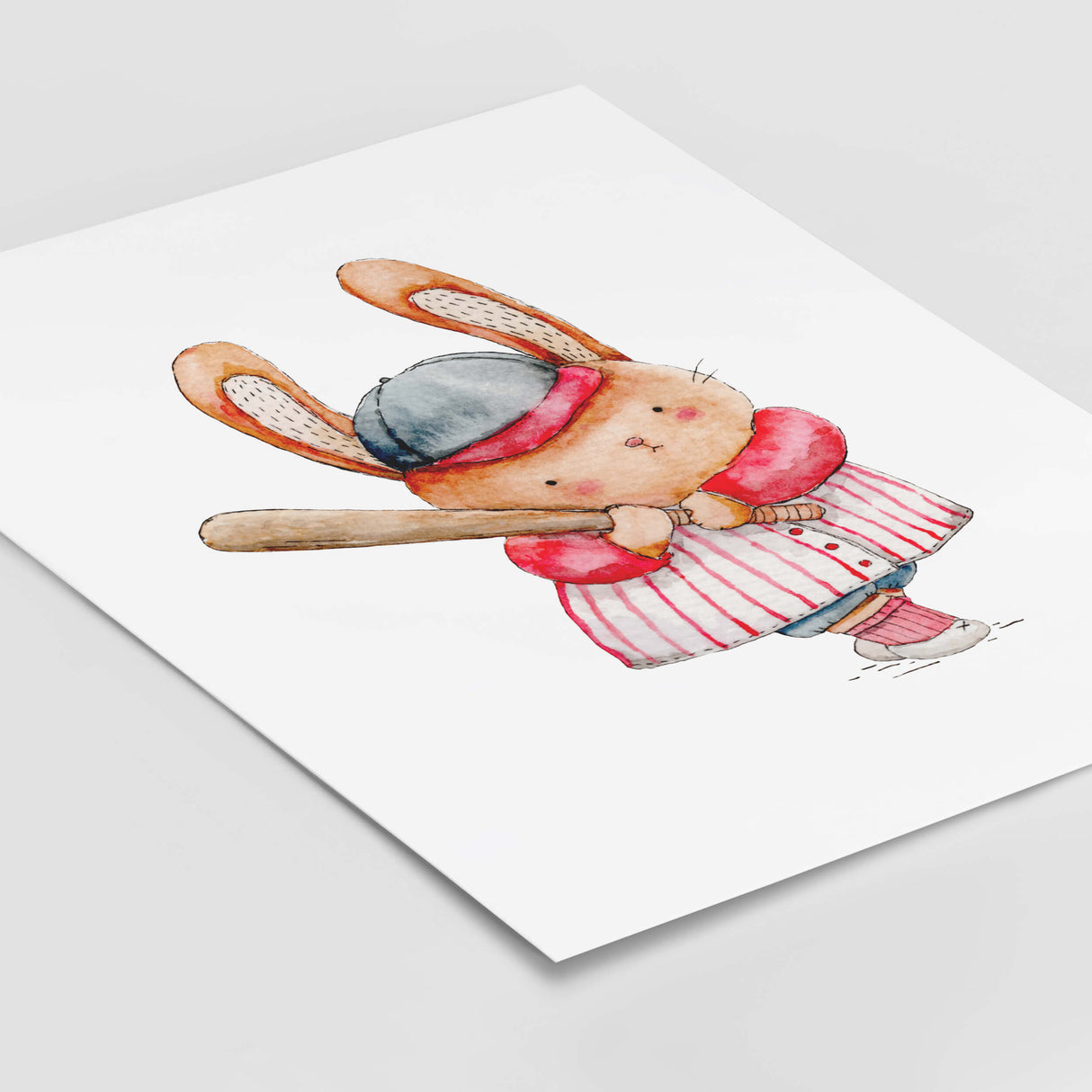 Watercolor baseball woodland print in red, blue, brown colors for baby boys room decor, toddler room decor, gender neutral nursery decor, baseball nursery decor.