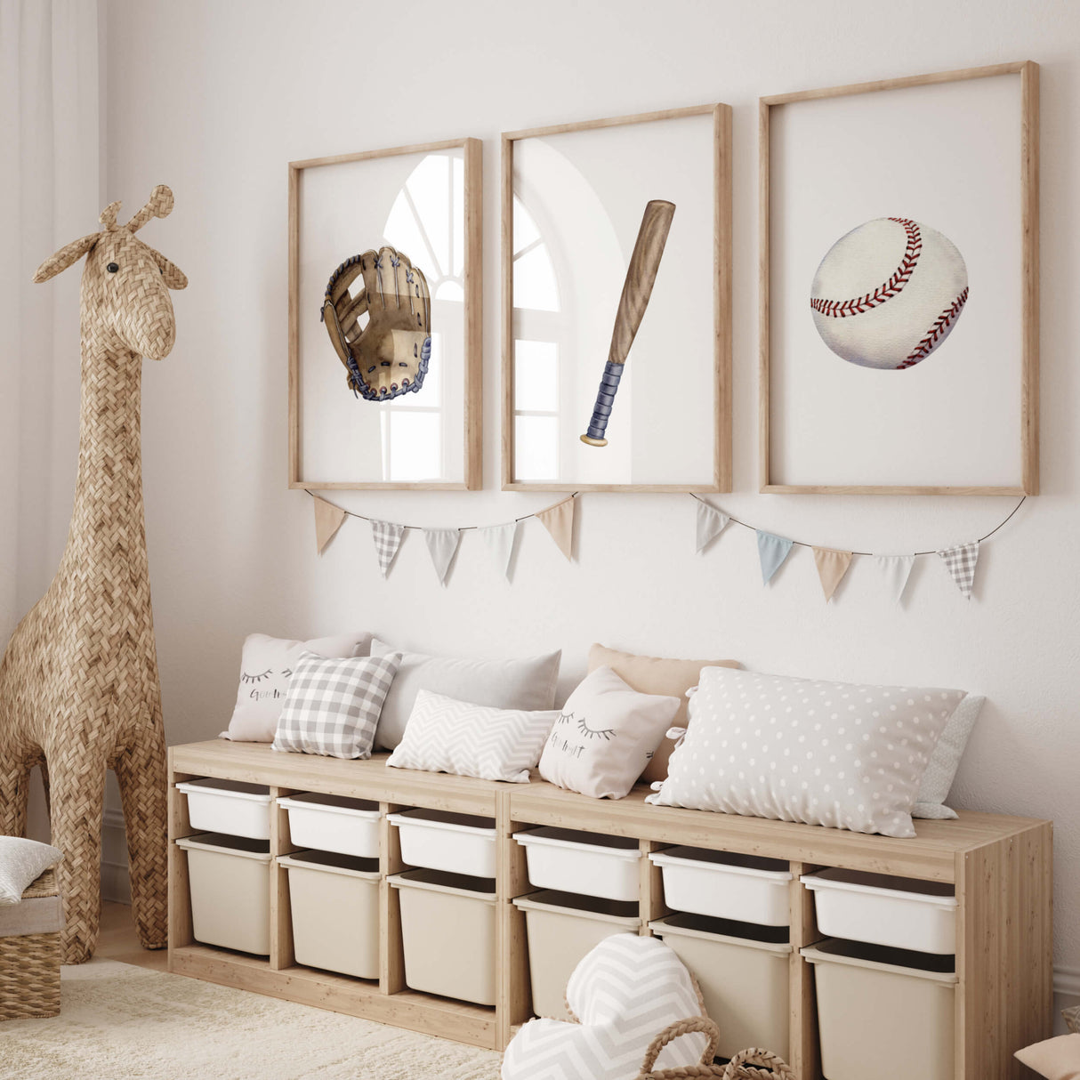 Watercolor baseball nursery print with ball, bat, gloves for baby boys room decor, toddler room decor, baseball nursery decor, sport nursery decor, kids room decor.