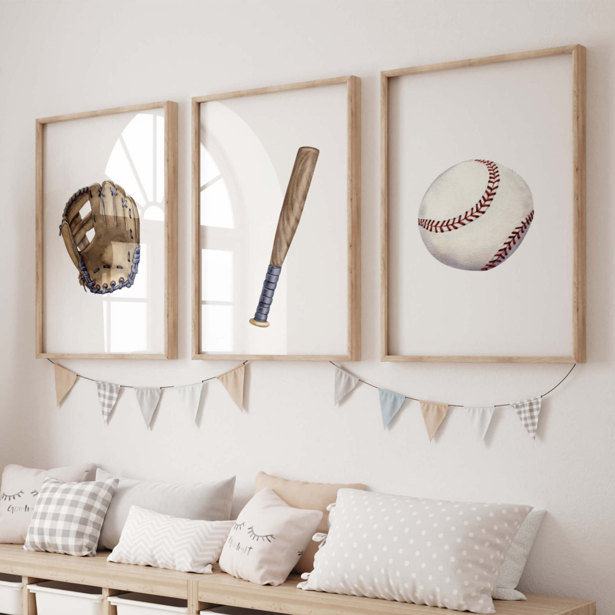 Watercolor baseball nursery printable with ball, bat, gloves for baby boys room decor, toddler room decor, baseball nursery decor, sport nursery decor, kids room decor.